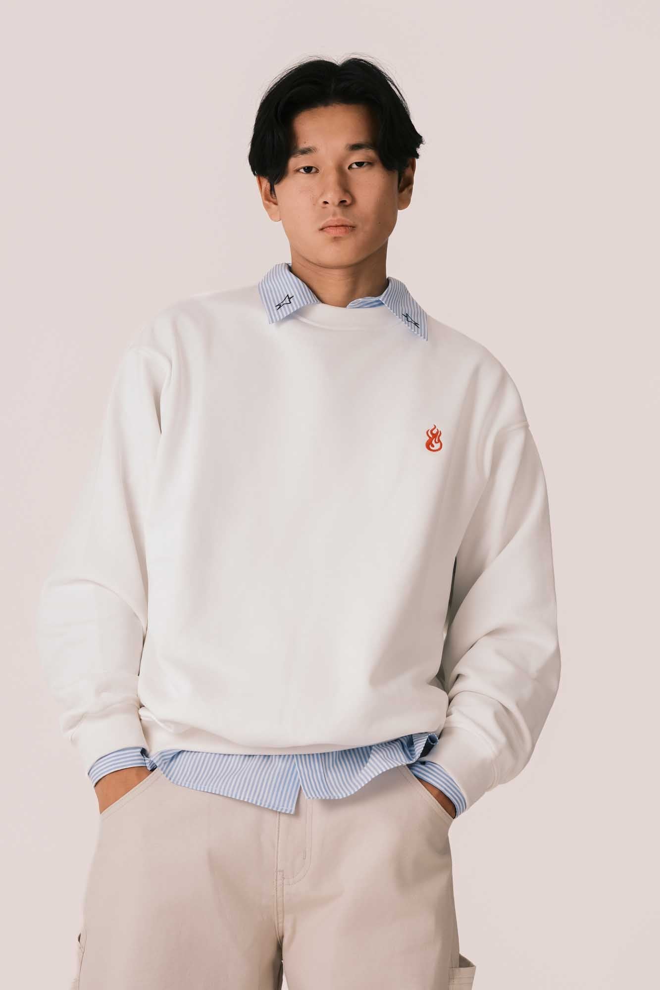 OFFWHITE CREWNECK WITH EMBROIDERED FLAME