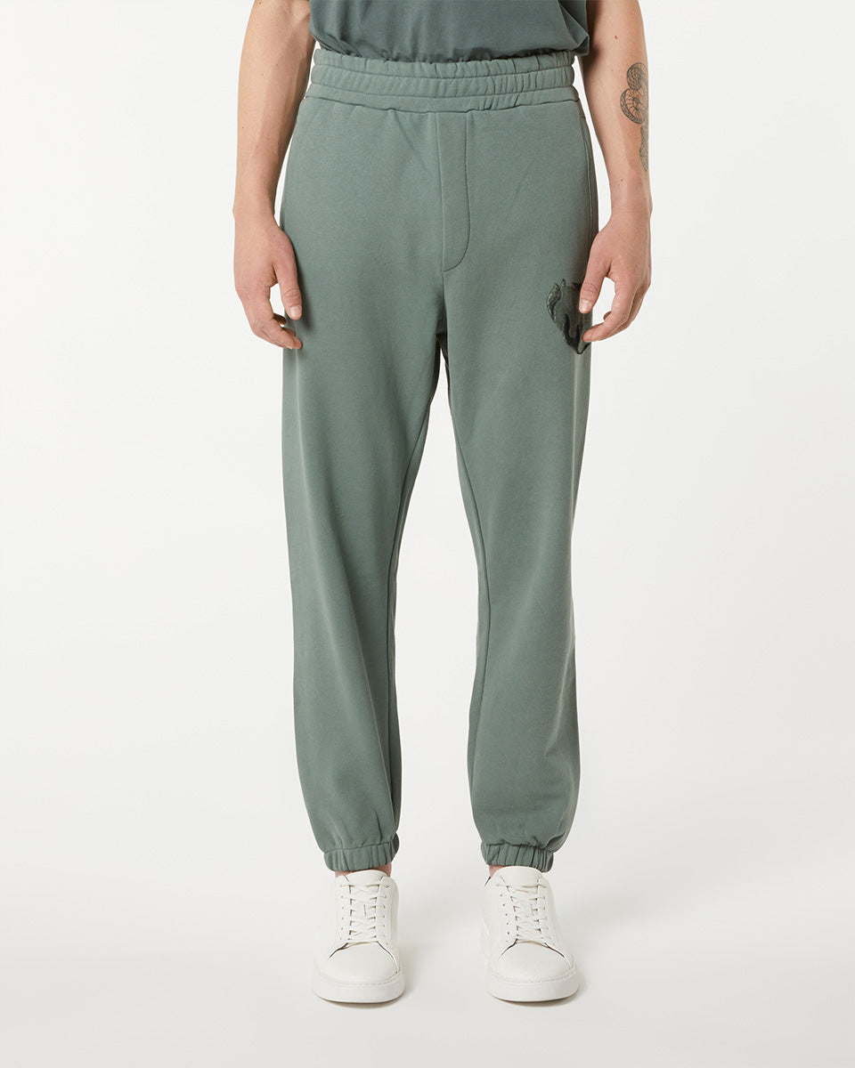 PANTALONE VERDE SALVIA CON CUORE FIAMMEGGIANTE RICAMATO