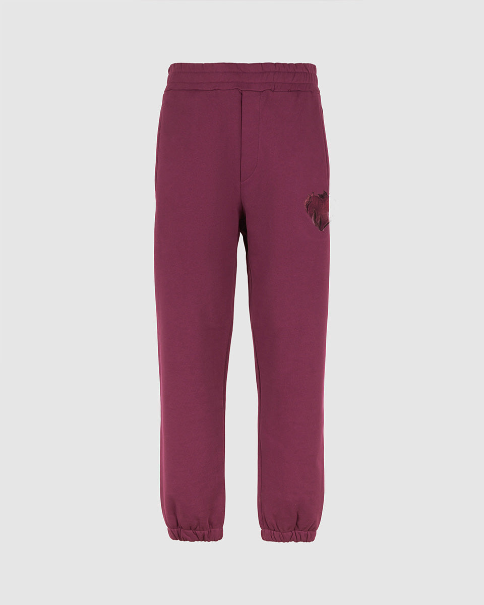 PANTALONE ROSSO SCURO CON CUORE FIAMMEGGIANTE RICAMATO