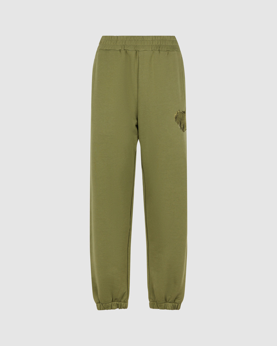 PANTALONE VERDE CON CUORE FIAMMEGGIANTE RICAMATO