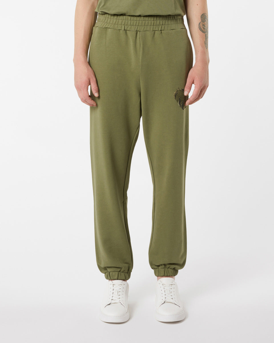 PANTALONE VERDE CON CUORE FIAMMEGGIANTE RICAMATO