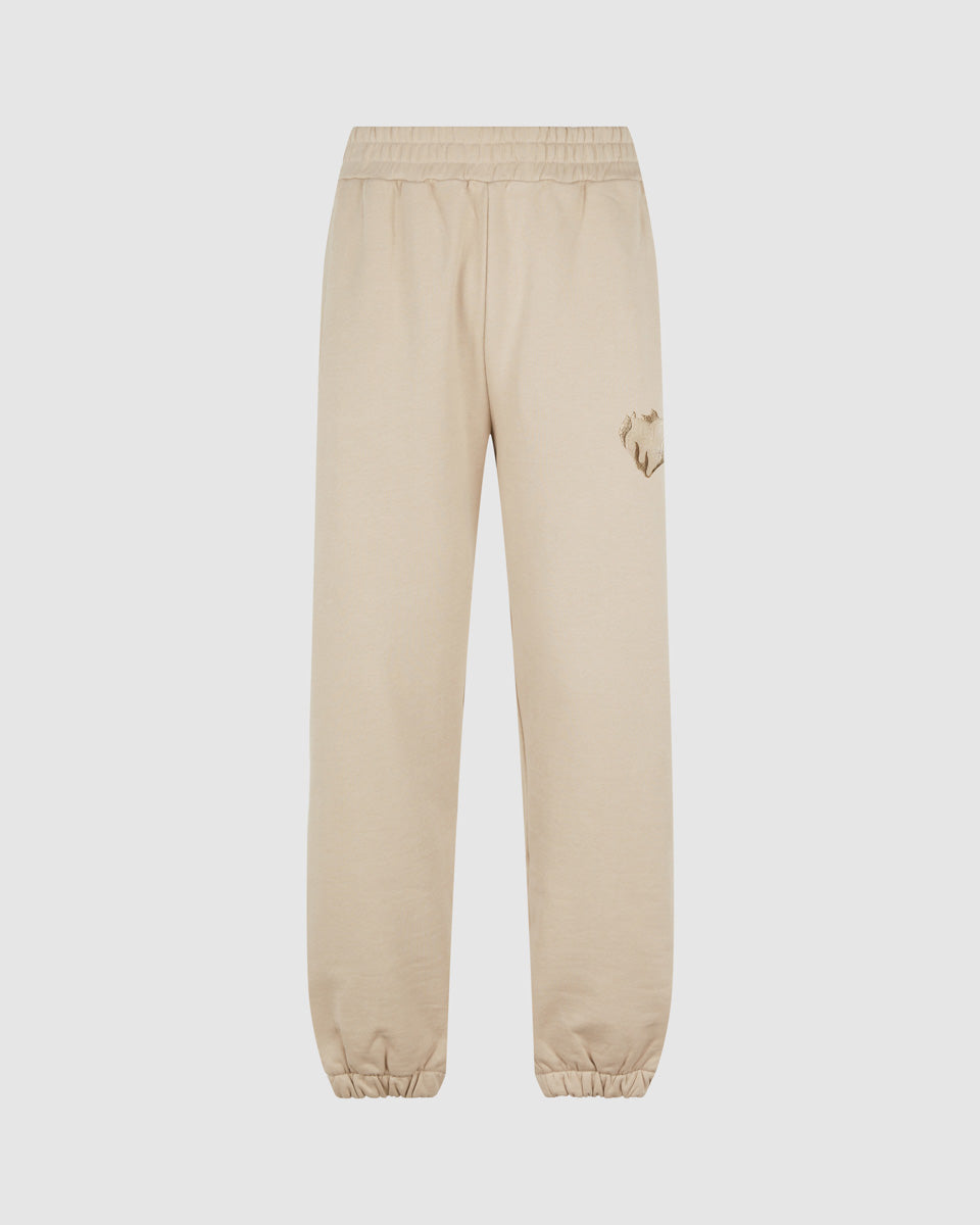 LIGHT BROWN PANTS WITH EMBROIDERED FLAMING HEART