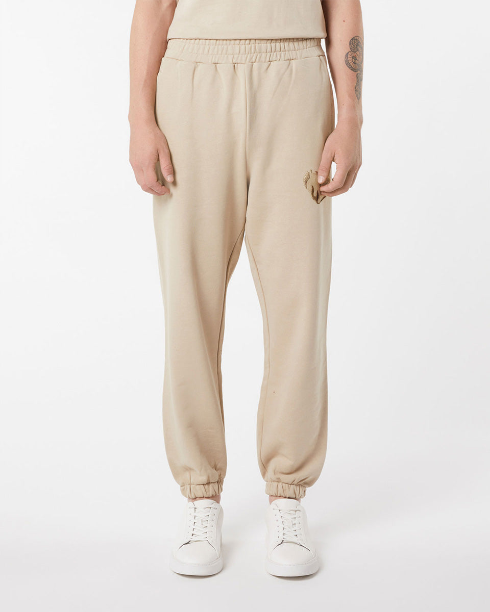 LIGHT BROWN PANTS WITH EMBROIDERED FLAMING HEART