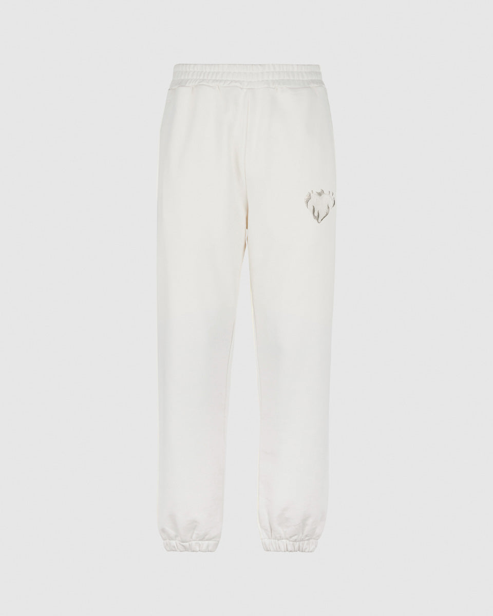 OFF WHITE PANTS WITH EMBROIDERED FLAMING HEART