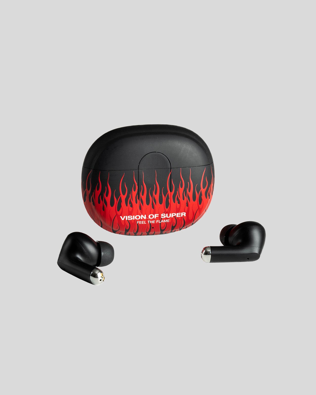 BLACK EARPHONES WITH RED FLAMES AND WHITE LOGO