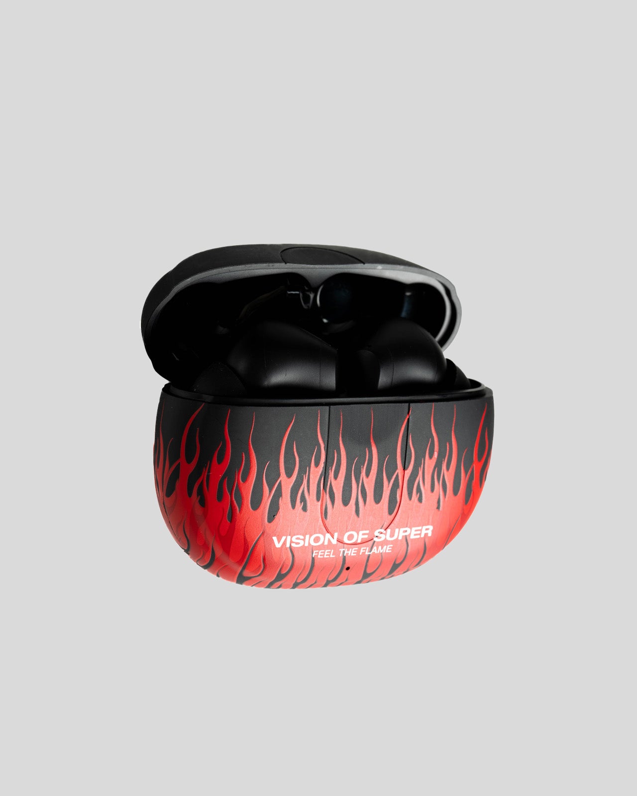 BLACK EARPHONES WITH RED FLAMES AND WHITE LOGO
