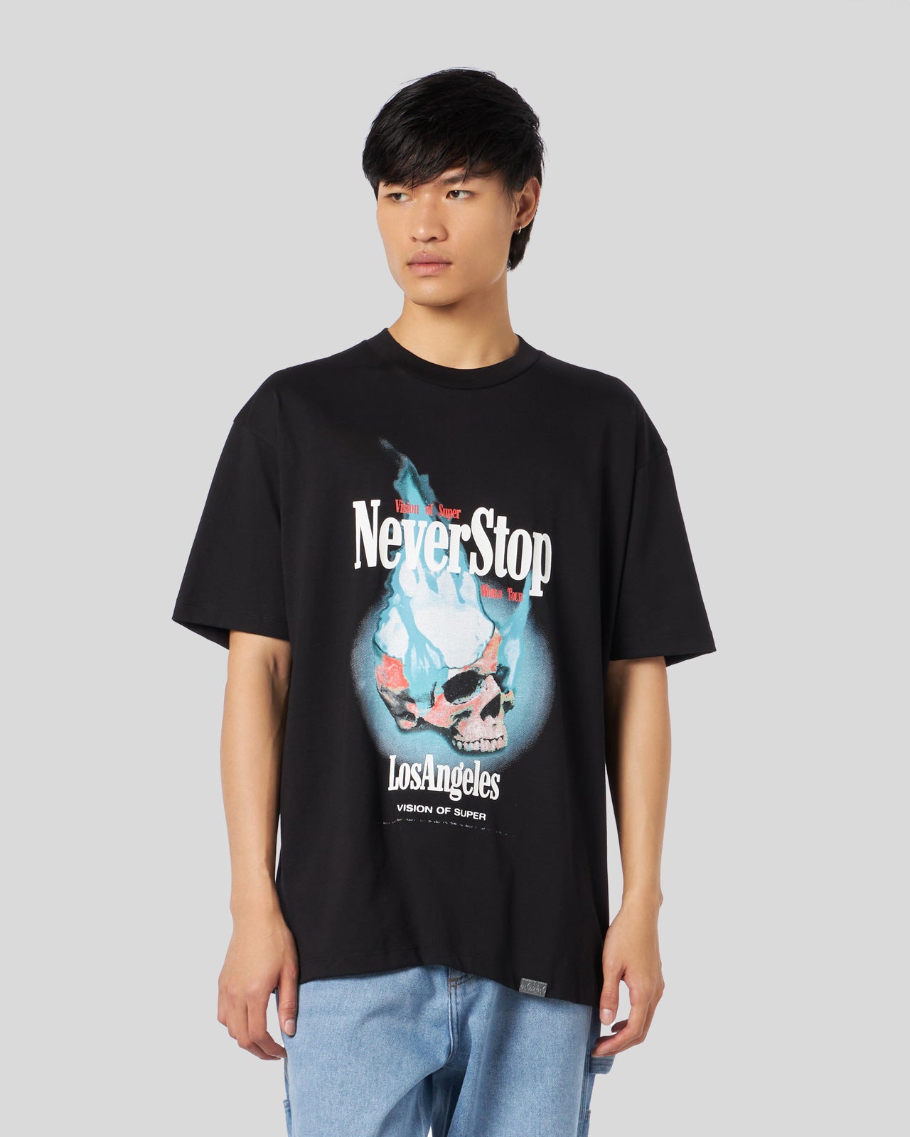 T-SHIRT NERA CON GRAFICA NEVER STOP