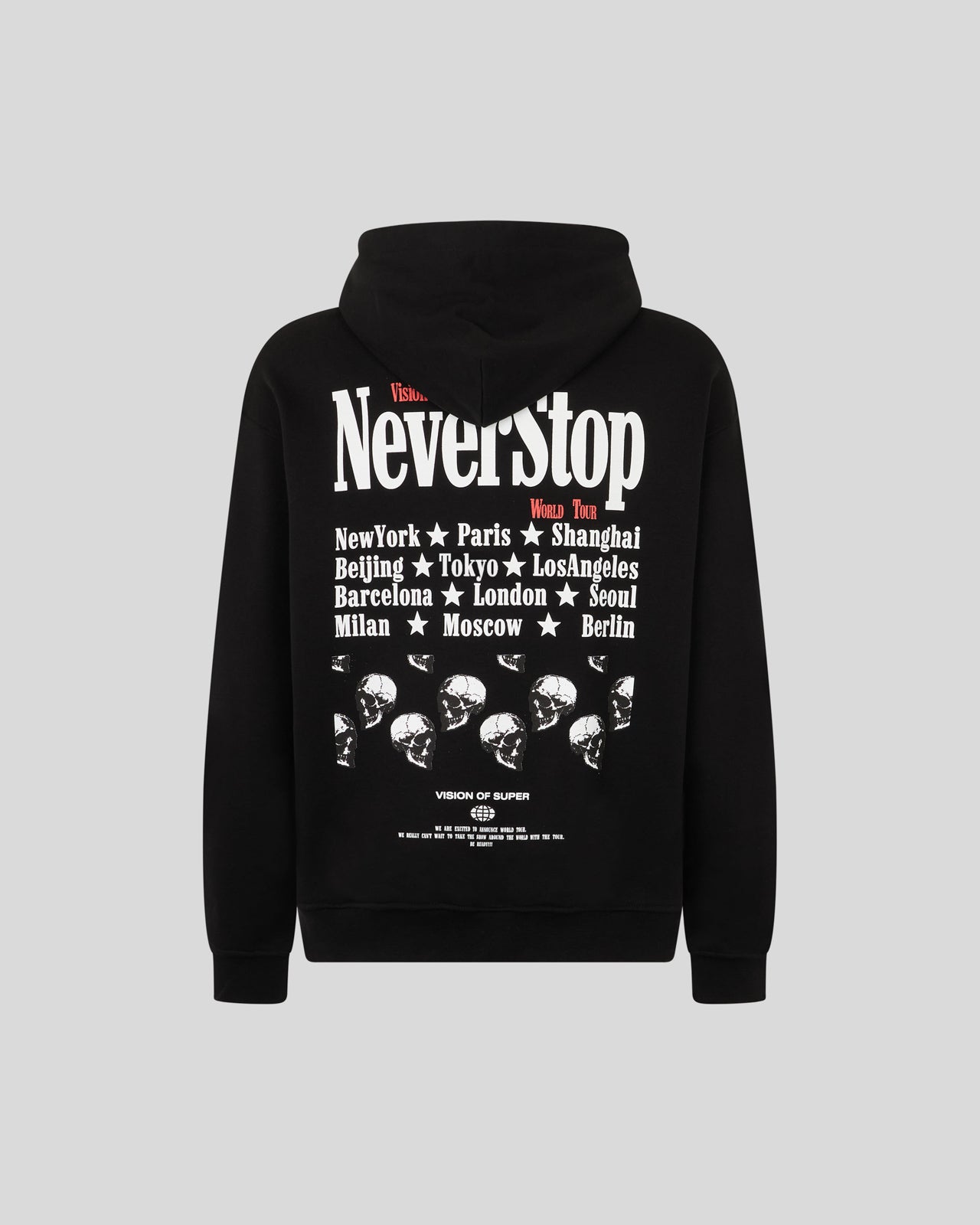 FELPA CON CAPPUCCIO NERA CON GRAFICA NEVER STOP