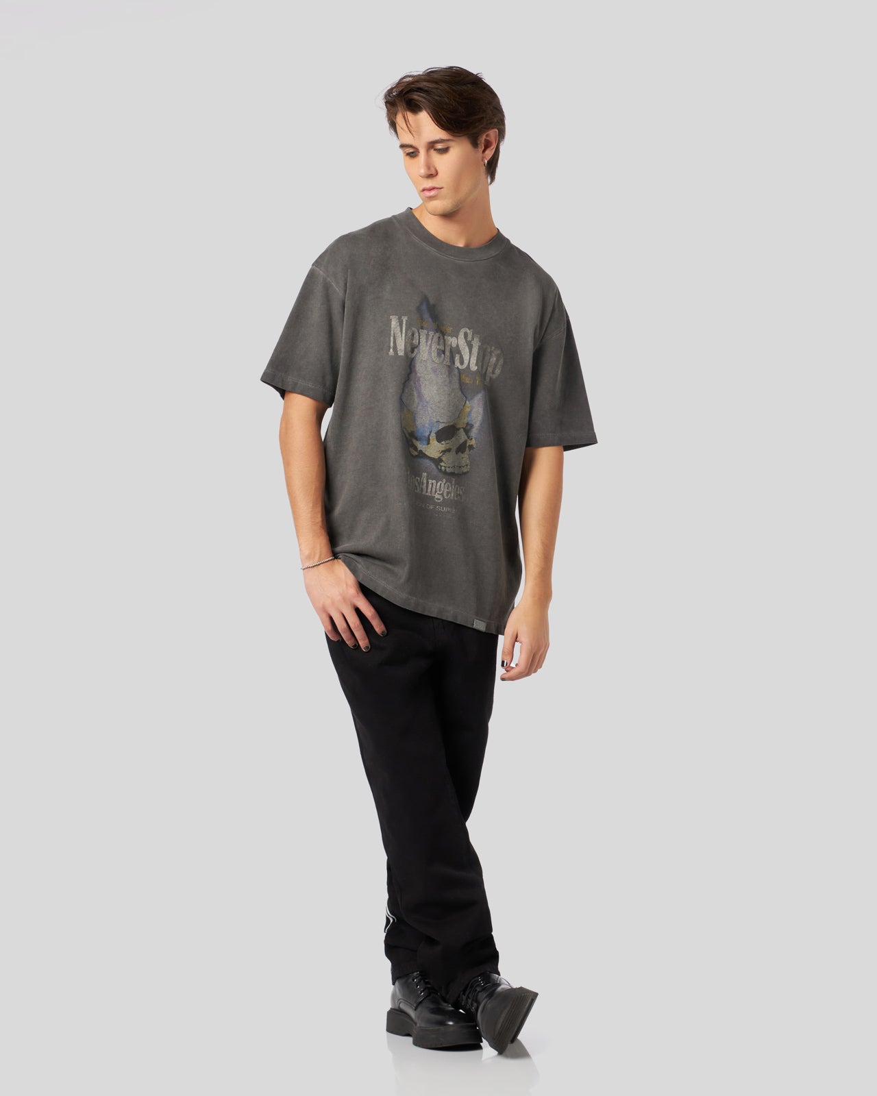STONE WASH T-SHIRT WITH NEVER STOP PRINT