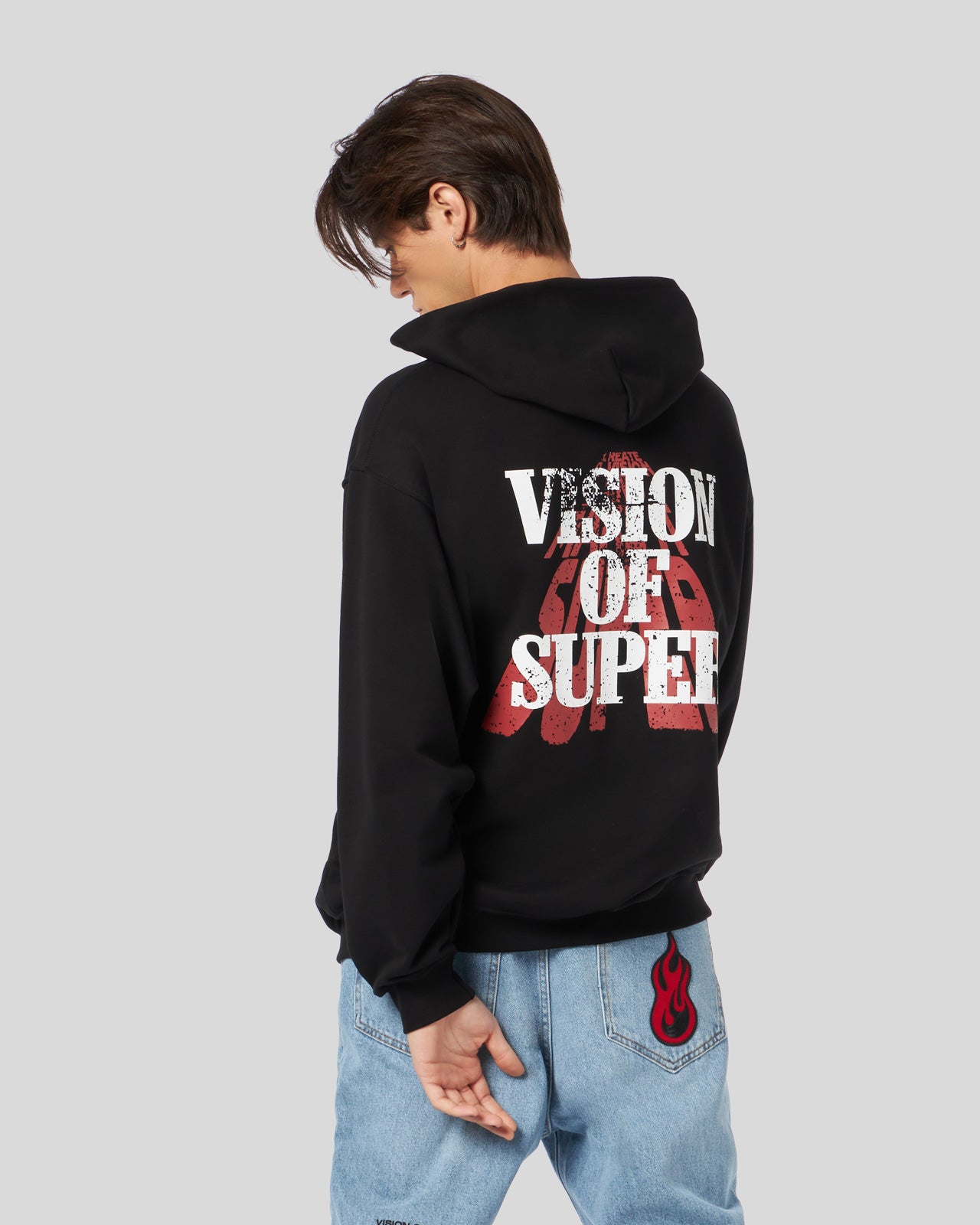 FELPA CON CAPPUCCIO NERA CON GRAFICA VISION SLOGAN