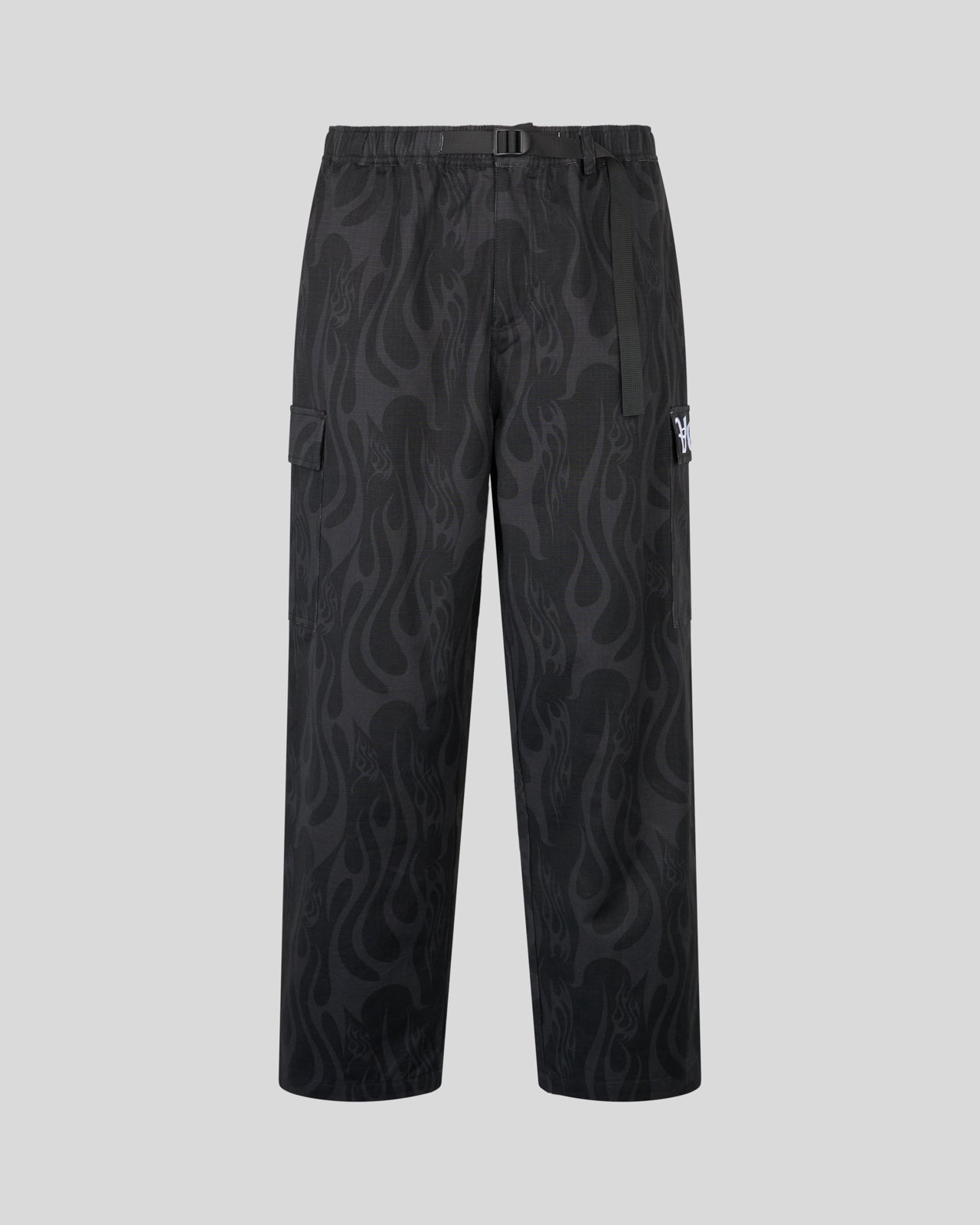 BLACK CARGO PANTS WITH ALL OVER FLAMES PRINT AND GOTIC LOGO