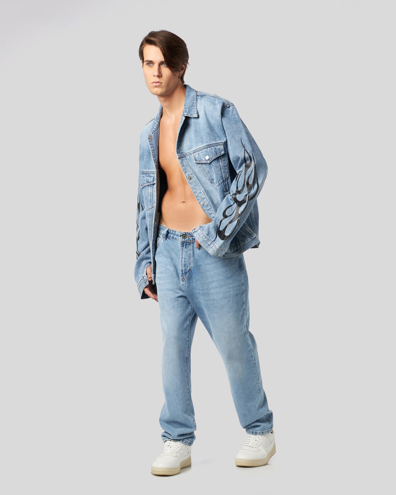 BLUE DENIM JACKET WITH BLACK PRINTED FLAMES