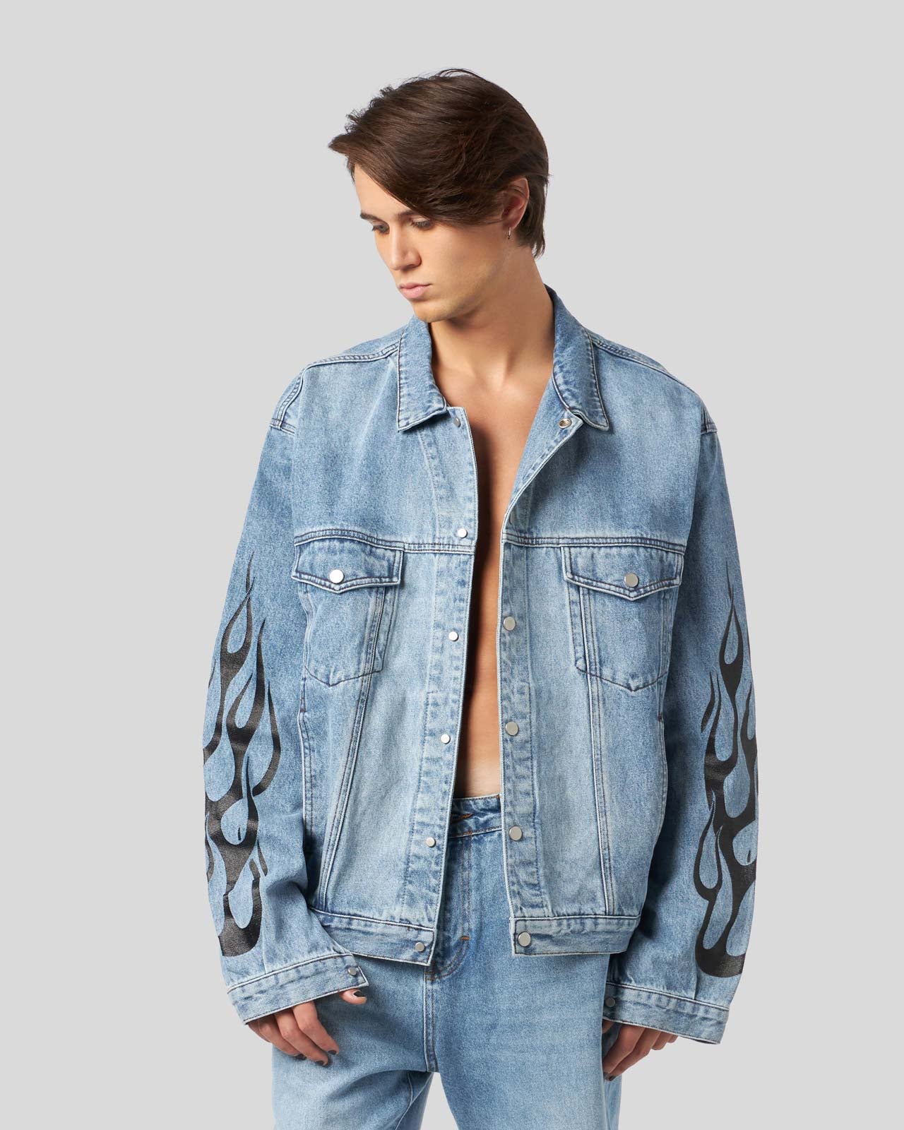 BLUE DENIM JACKET WITH BLACK PRINTED FLAMES