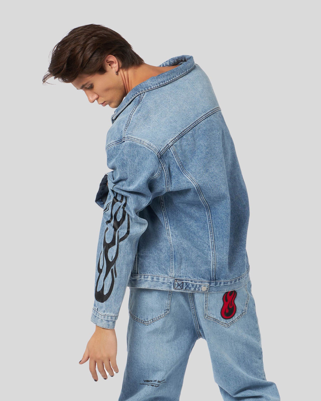 BLUE DENIM JACKET WITH BLACK PRINTED FLAMES