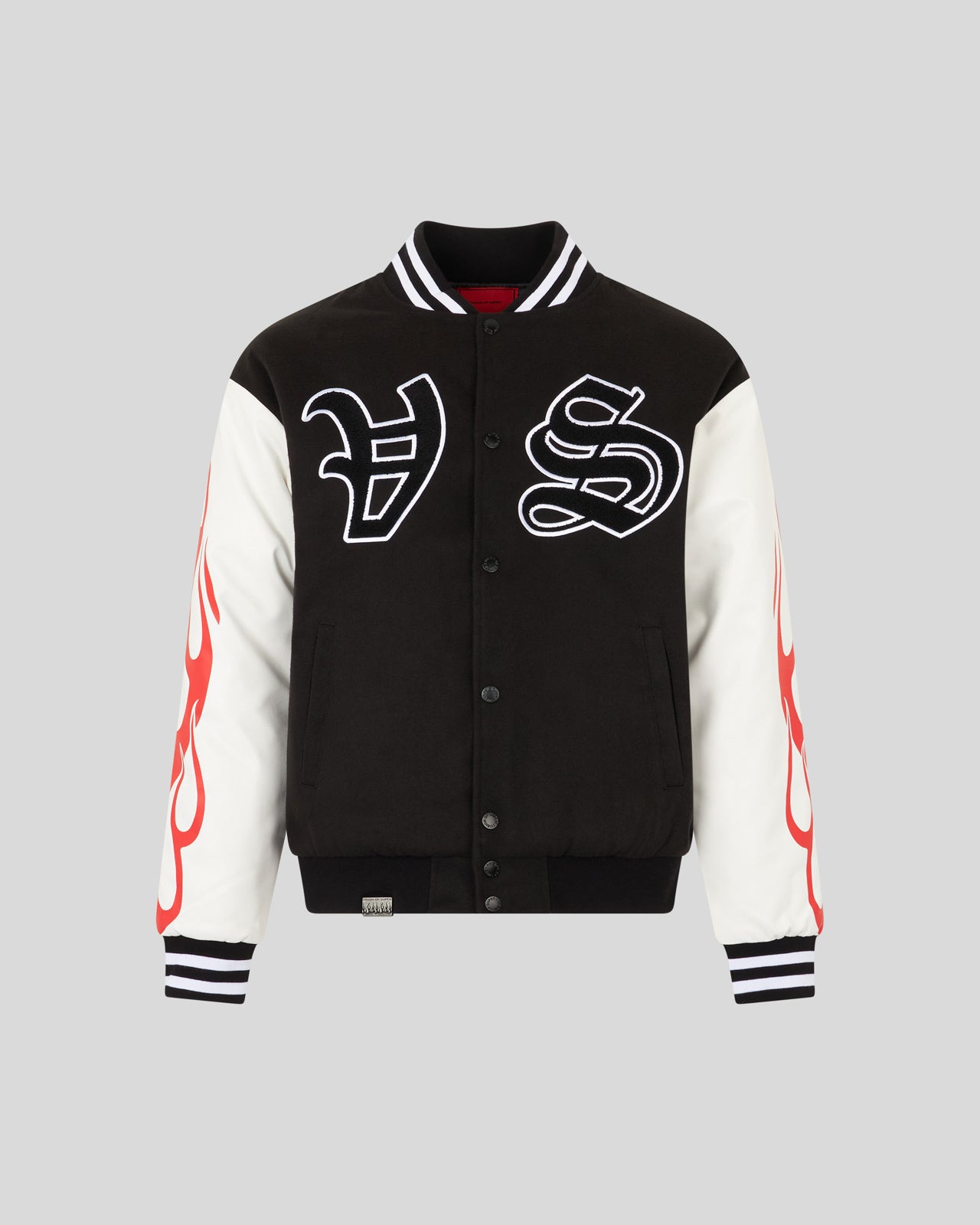 VARSITY JACKET WITH GOTIC PATCH RED FLAMES AND LOGO