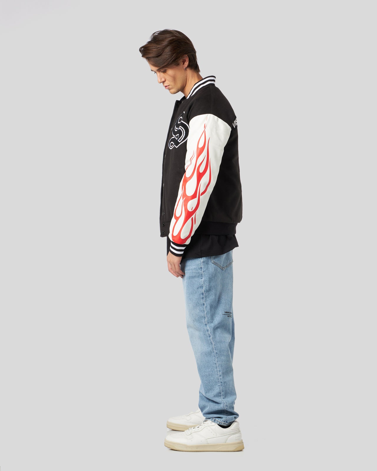VARSITY JACKET WITH GOTIC PATCH RED FLAMES AND LOGO