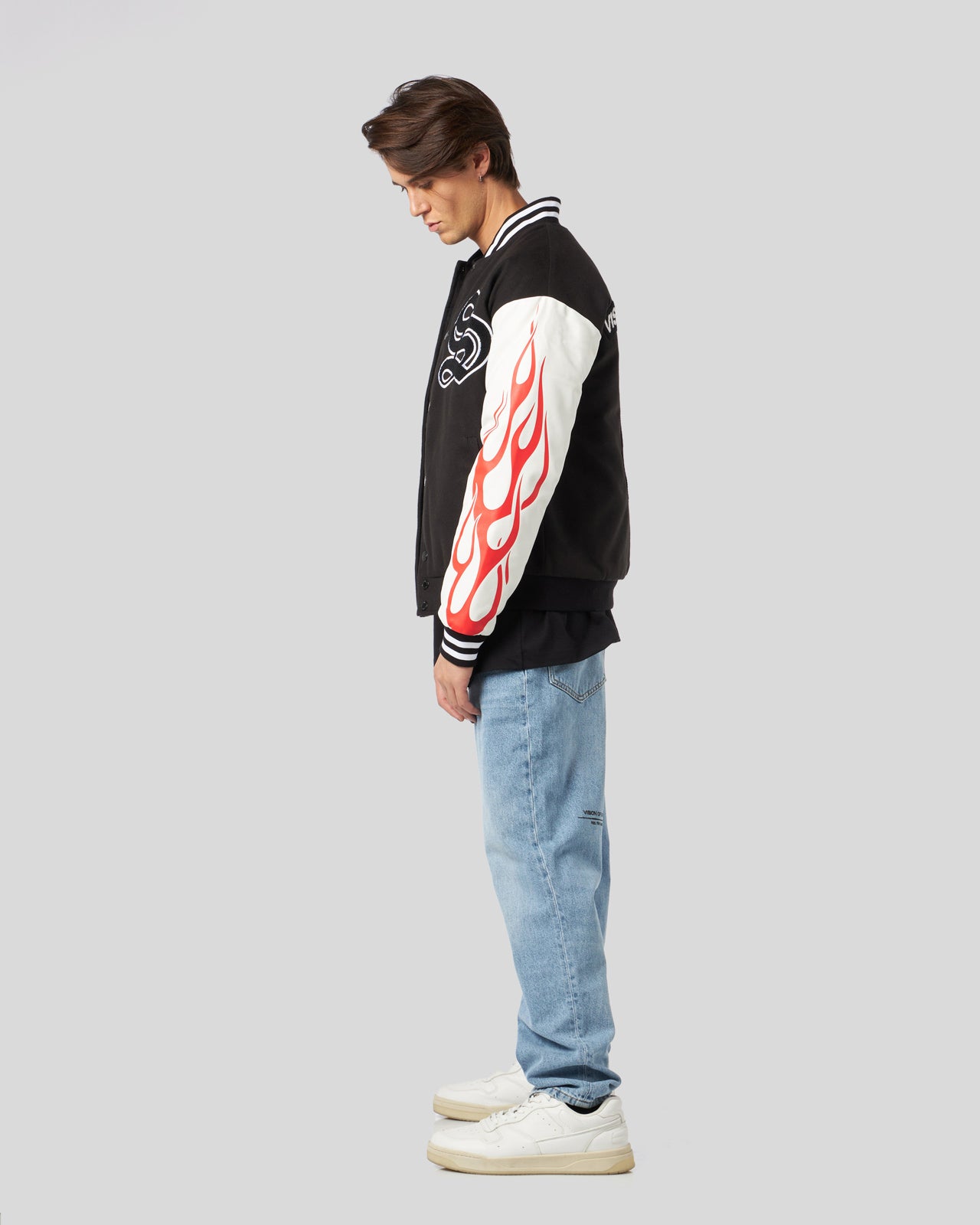 VARSITY JACKET WITH GOTIC PATCH RED FLAMES AND LOGO