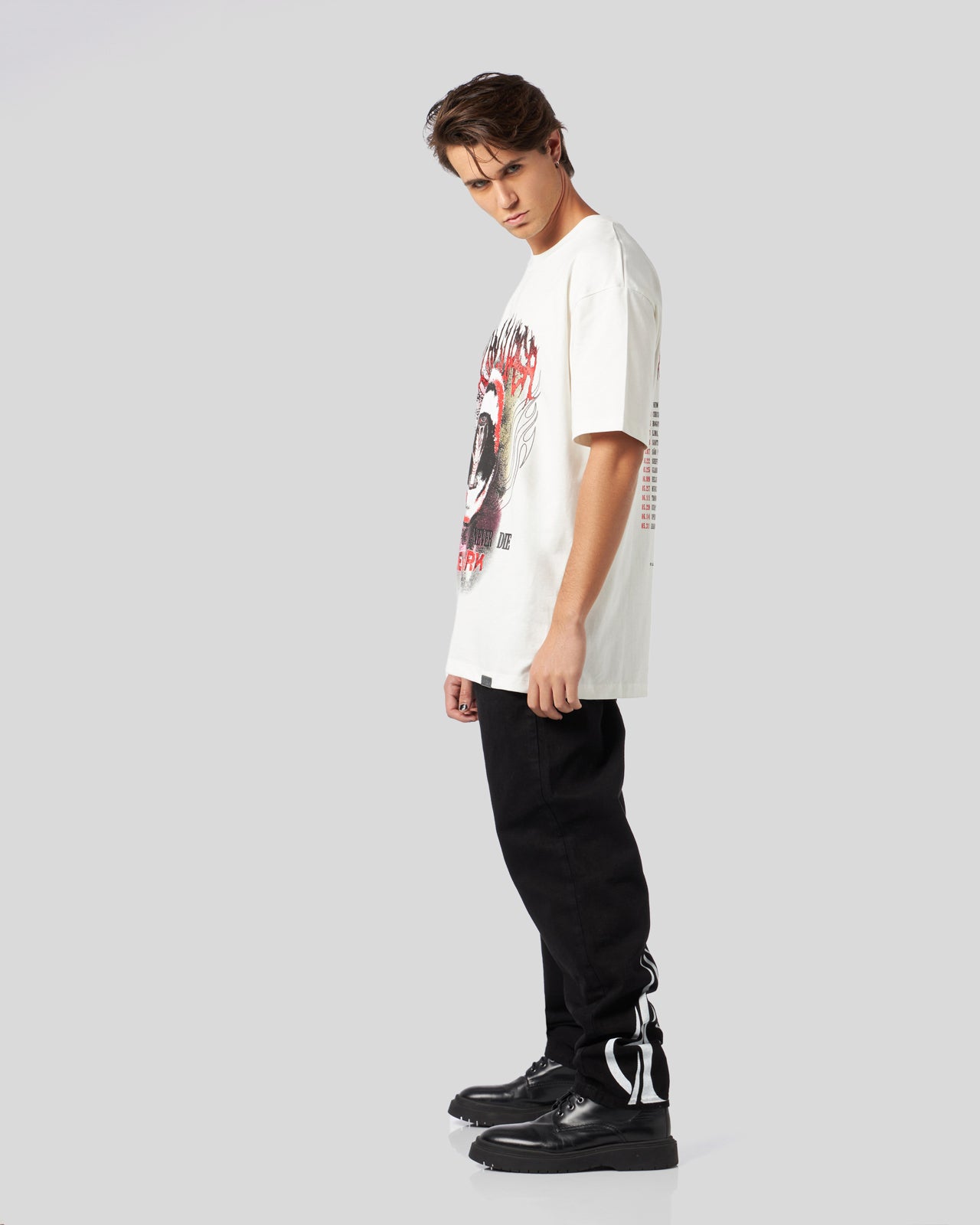 BLACK DENIM JEANS WITH PRINTED FLAMES AND LOGO