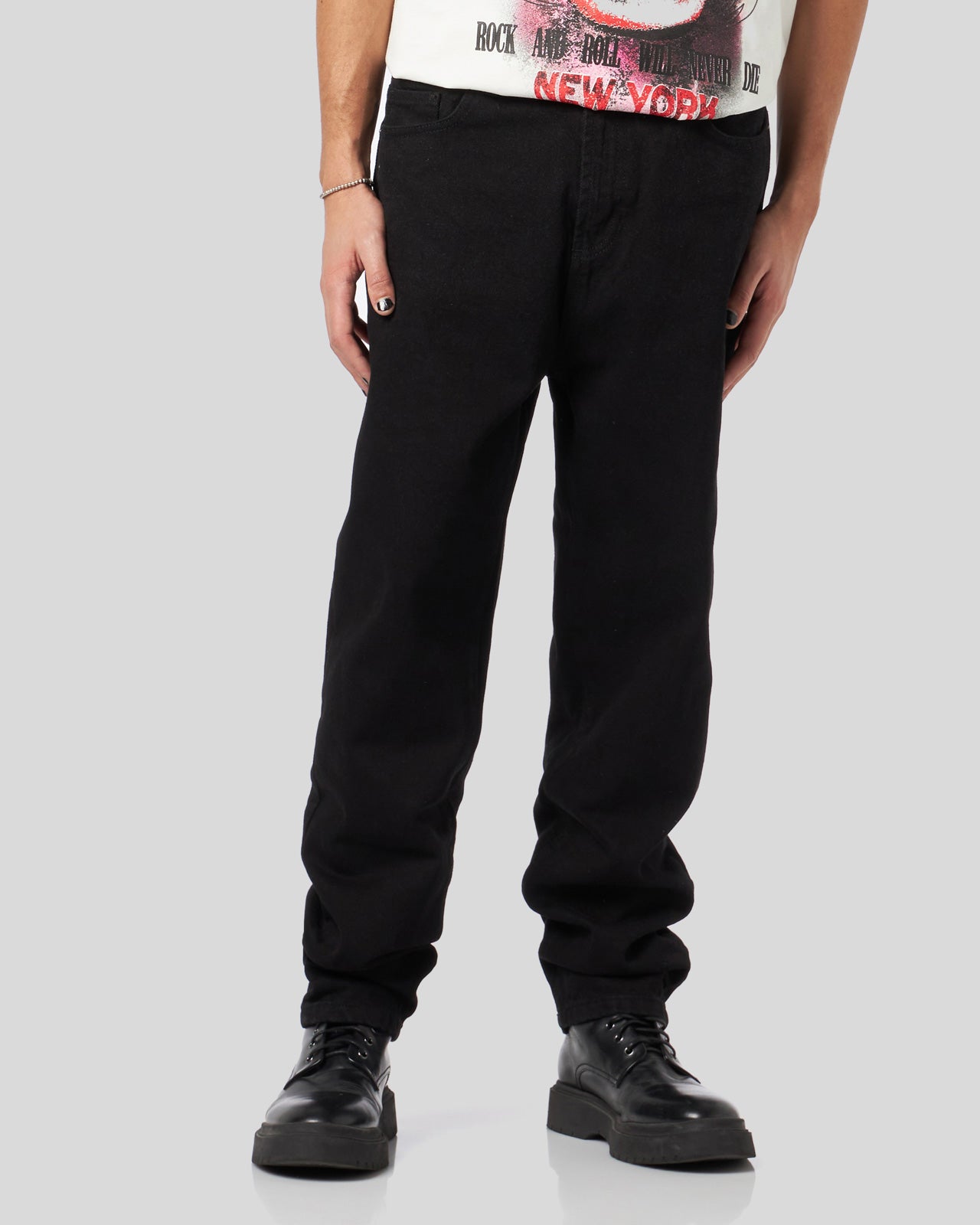 PANTALONE DENIM NERO CON FIAMME BIANCHE E LOGO