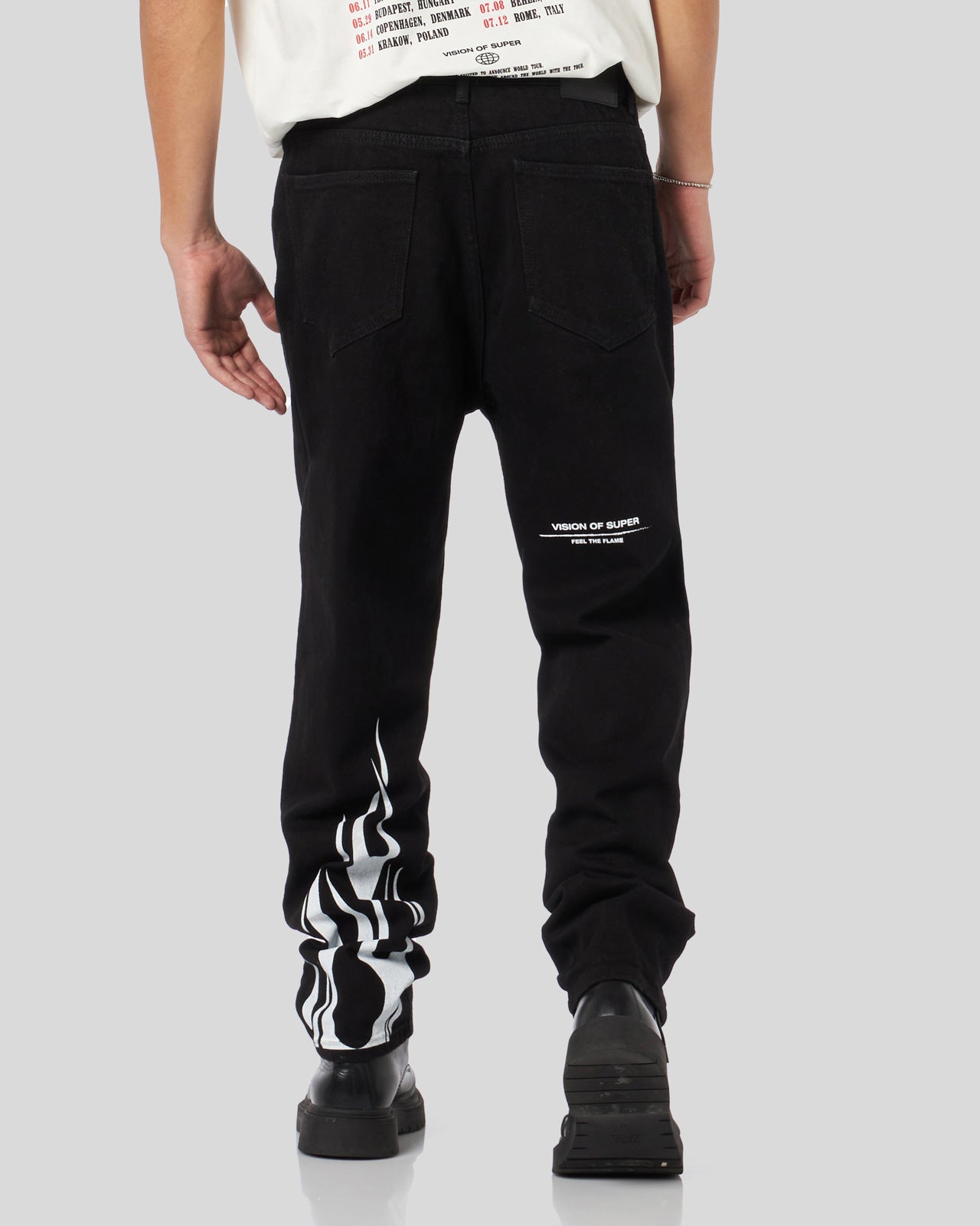 PANTALONE DENIM NERO CON FIAMME BIANCHE E LOGO