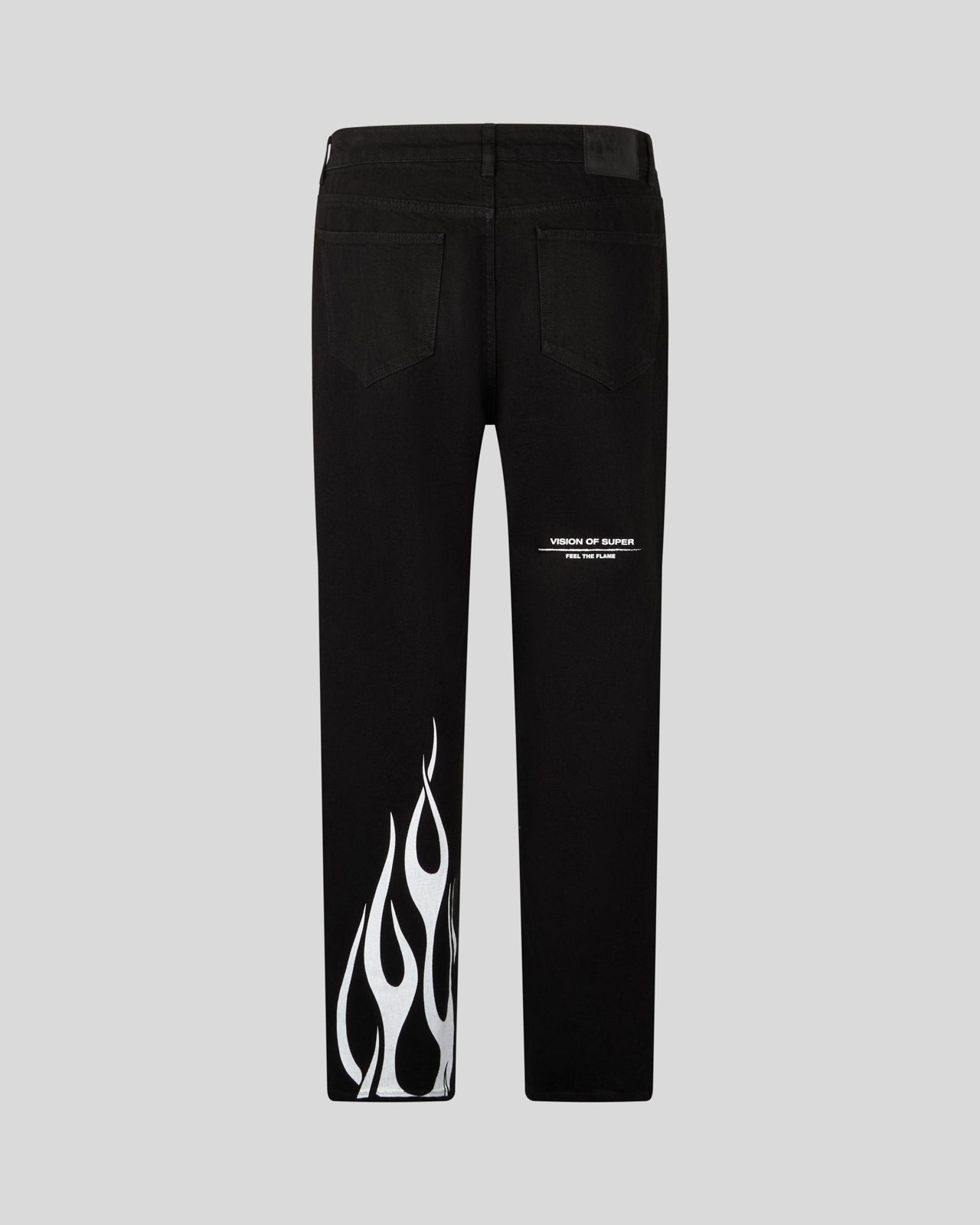 BLACK DENIM JEANS WITH PRINTED FLAMES AND LOGO