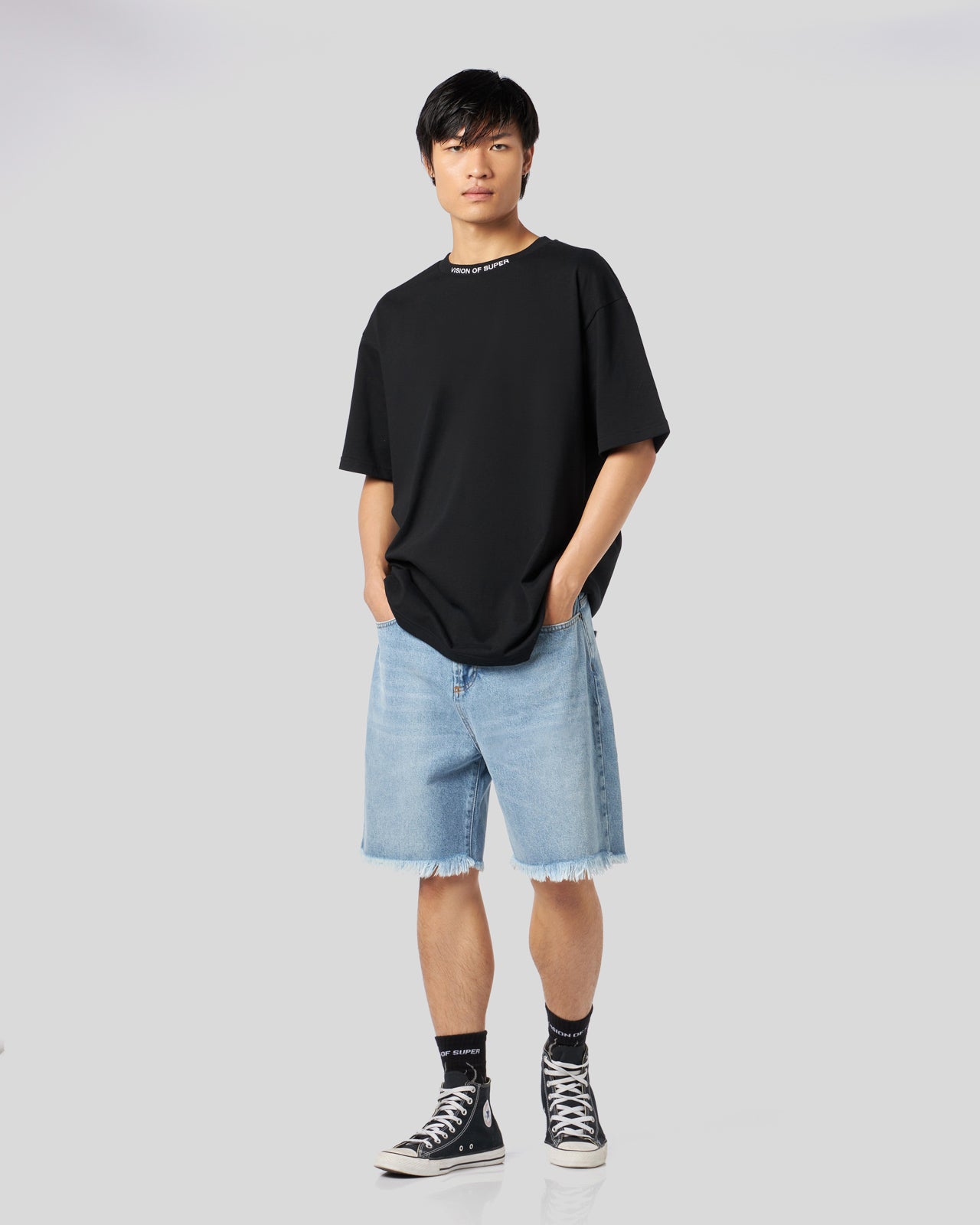 PANTALONCINO DENIM BLUE CON FIAMME BIANCHE E LOGO