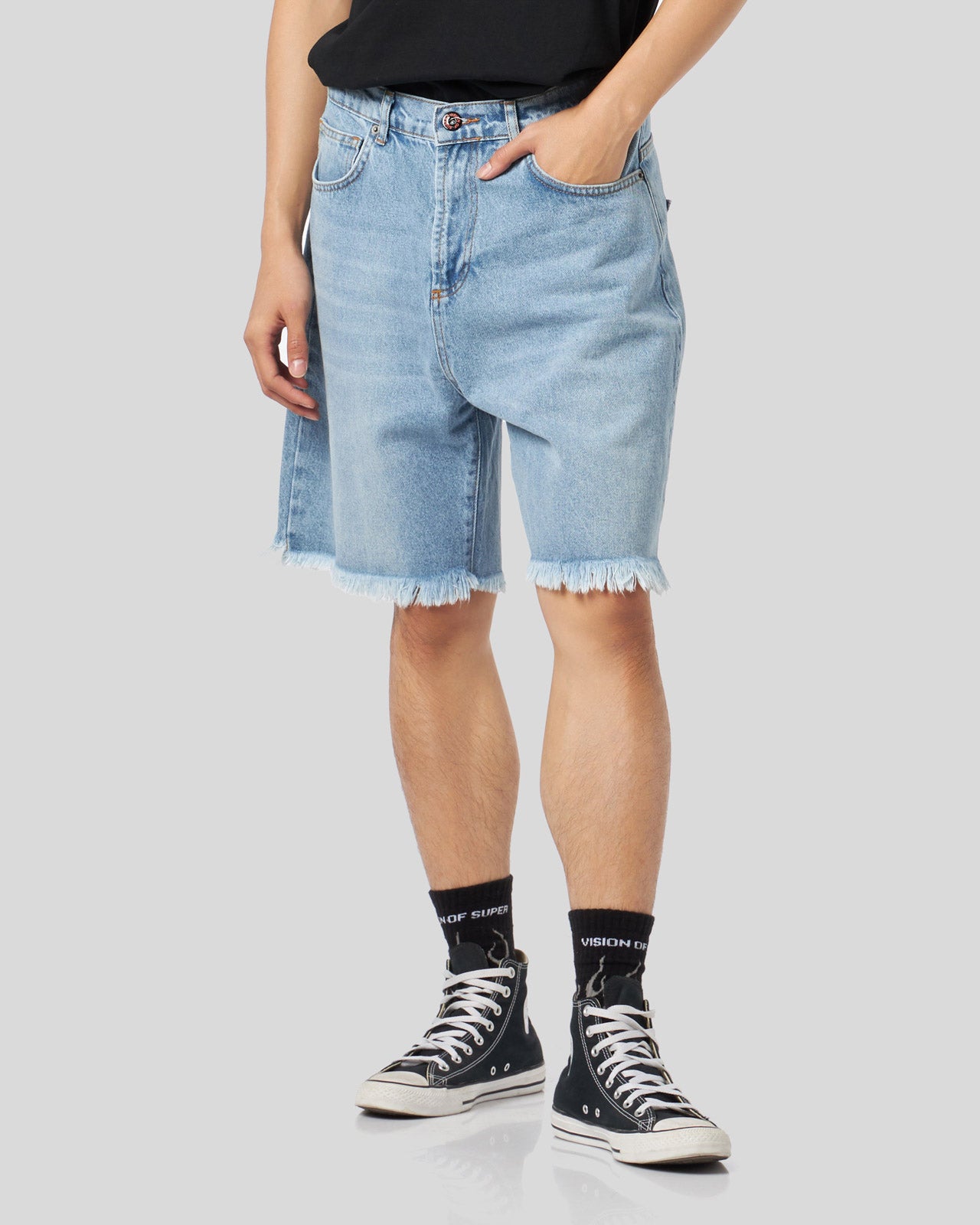 PANTALONCINO DENIM BLUE CON FIAMME BIANCHE E LOGO
