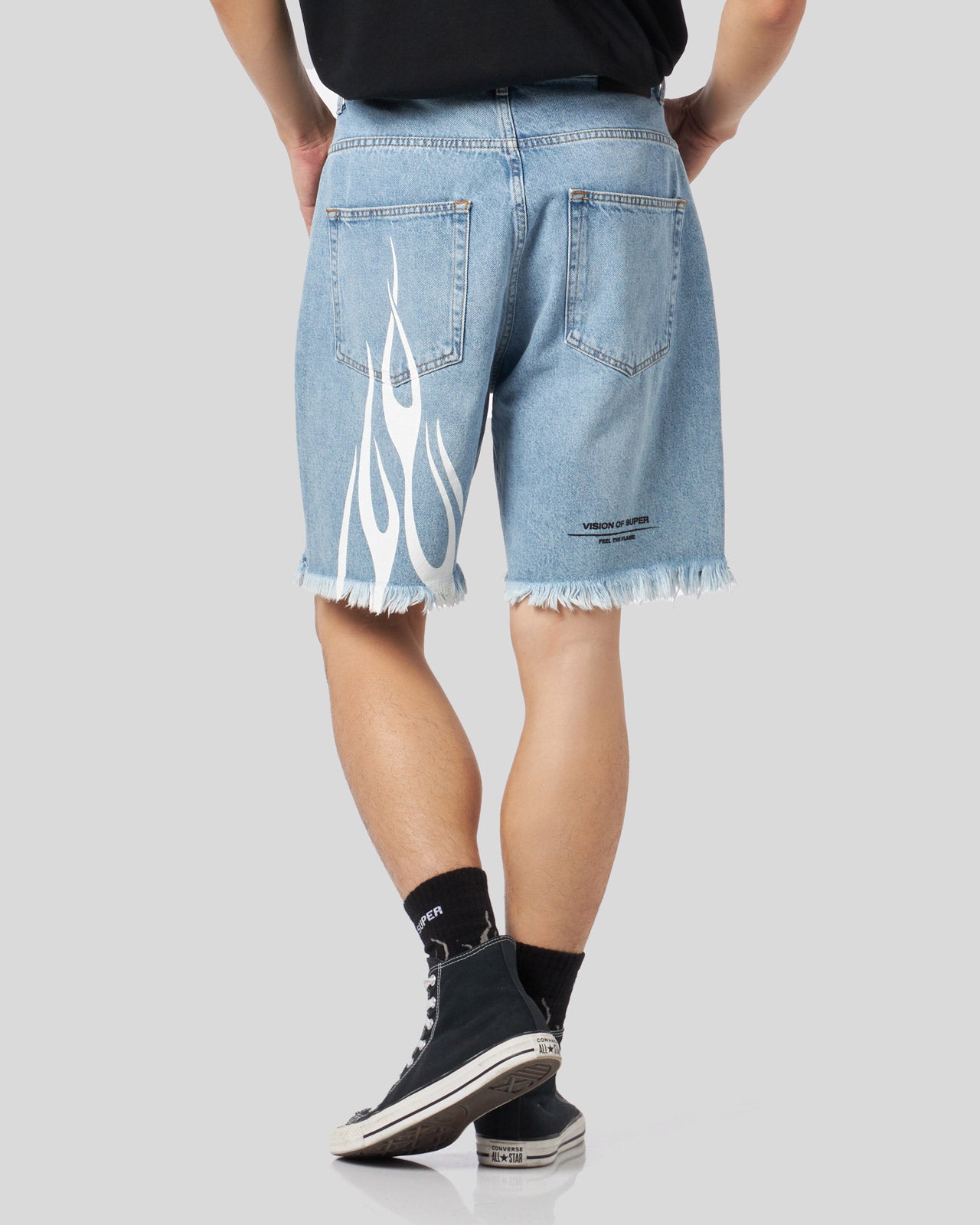 PANTALONCINO DENIM BLUE CON FIAMME BIANCHE E LOGO
