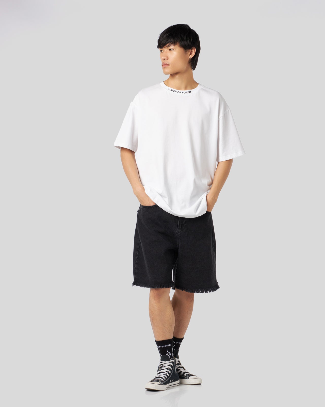 BLACK DENIM SHORTS WITH PRINTED FLAMES AND LOGO