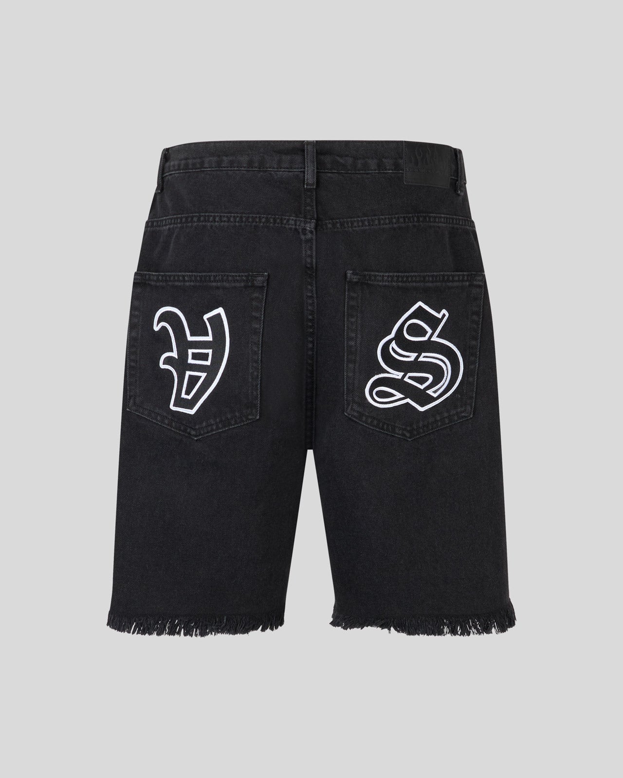 BLACK DENIM SHORTS WITH V-S GOTIC PATCHES