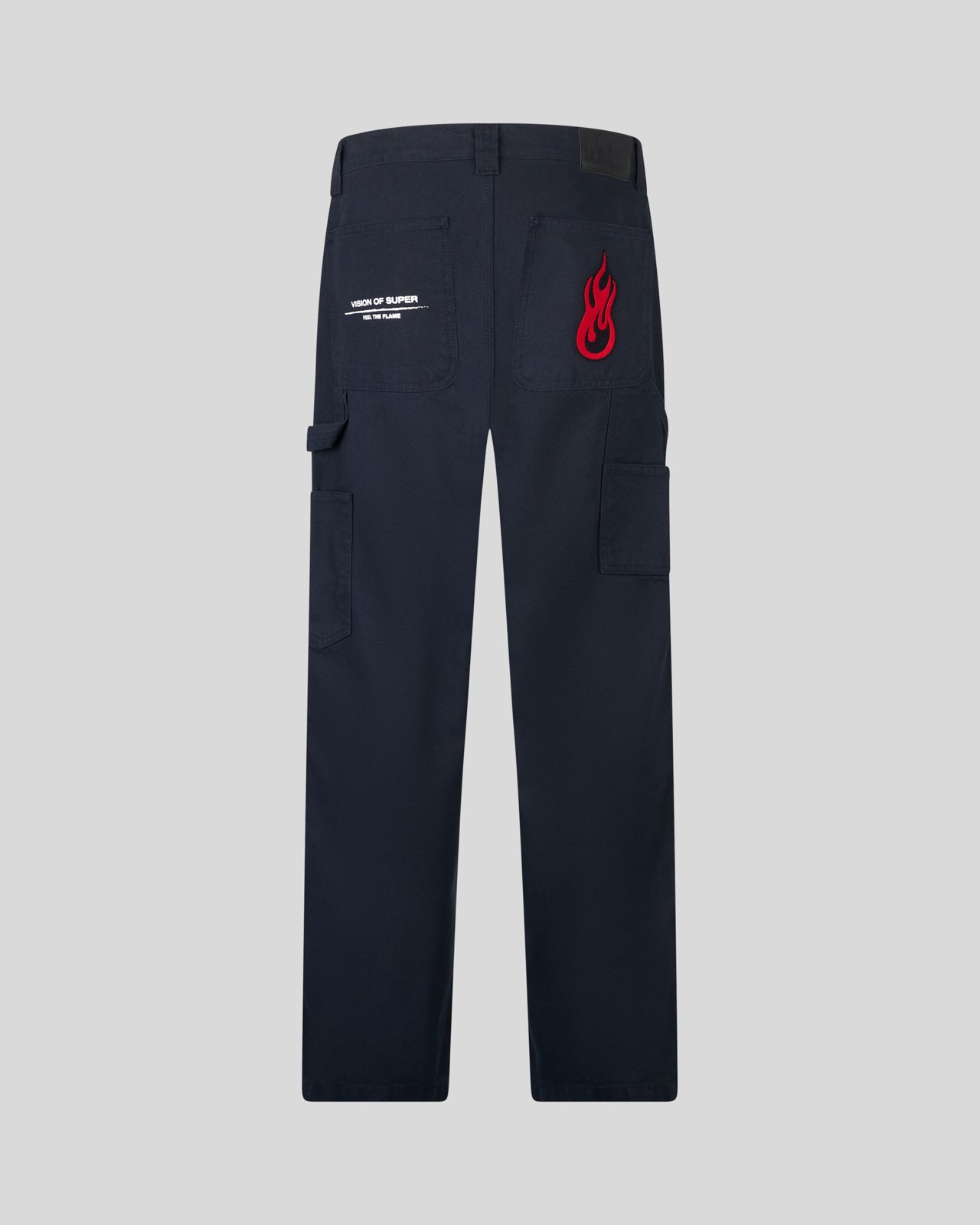 PANTALONE DENIM WORKER BLU SCURO CON PATCH FIAMME ICONICHE