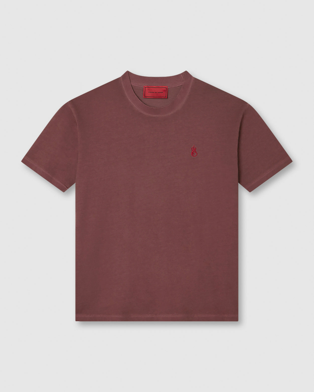 RUST T-SHIRT WITH EMBROIDERED RED FLAME AND PRINTED LOGO