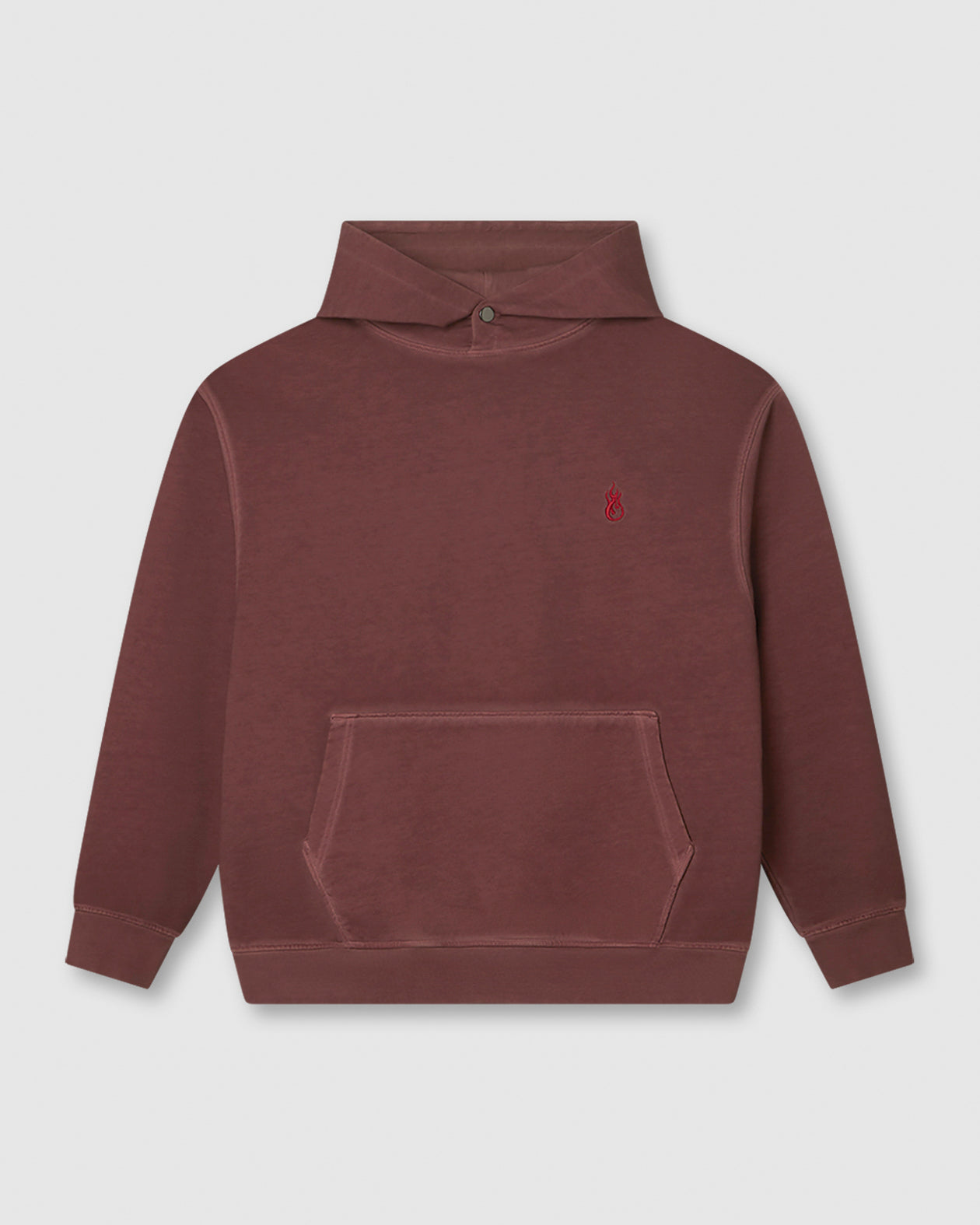RUST HOODIE WITH EMBROIDERED RED FLAME AND PRINTED LOGO