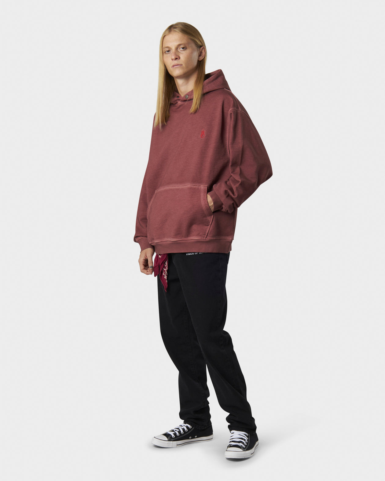 RUST HOODIE WITH EMBROIDERED RED FLAME AND PRINTED LOGO