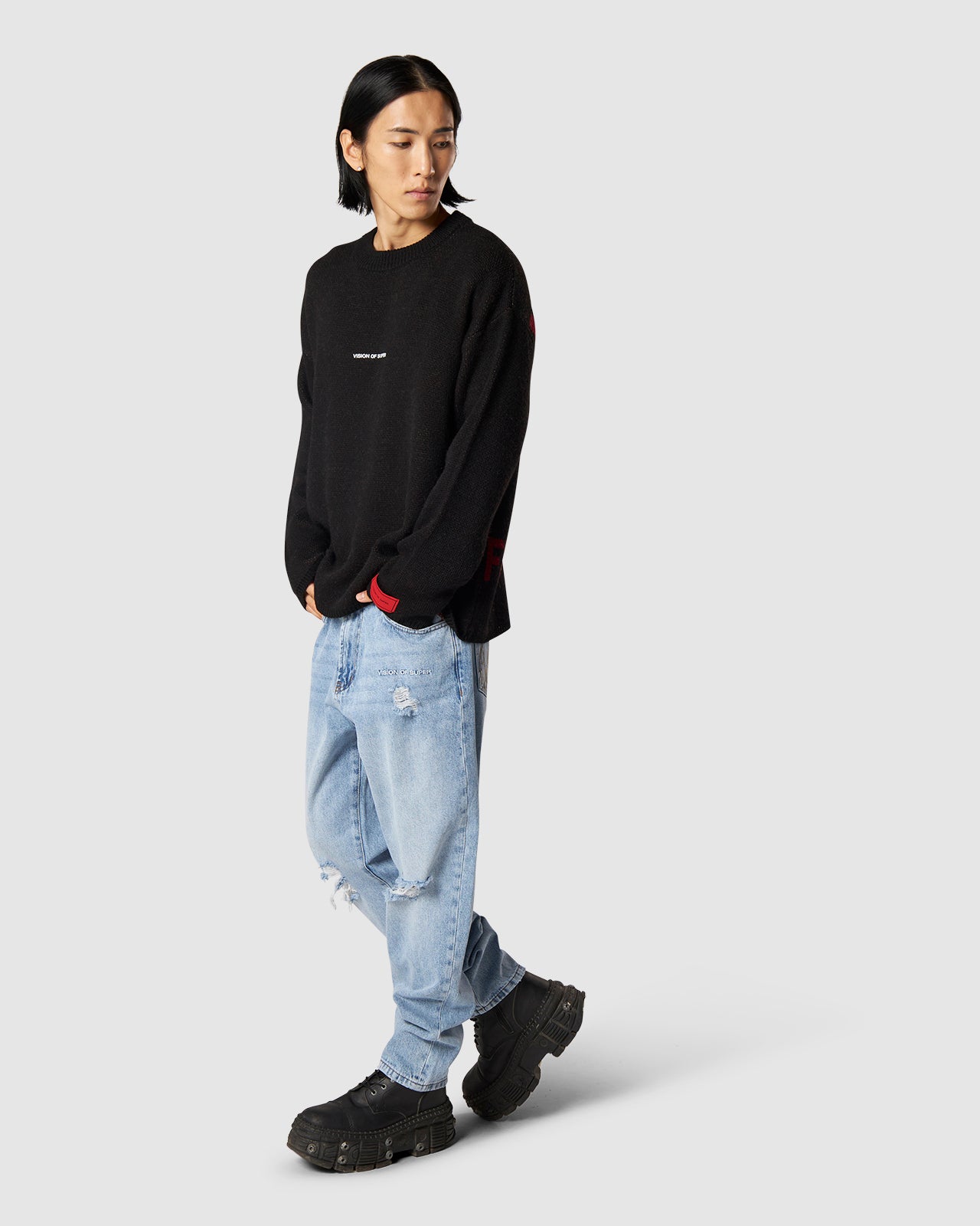 MAGLIONE NERO TESCHIO E LOGO ROSSO E GRIGIO