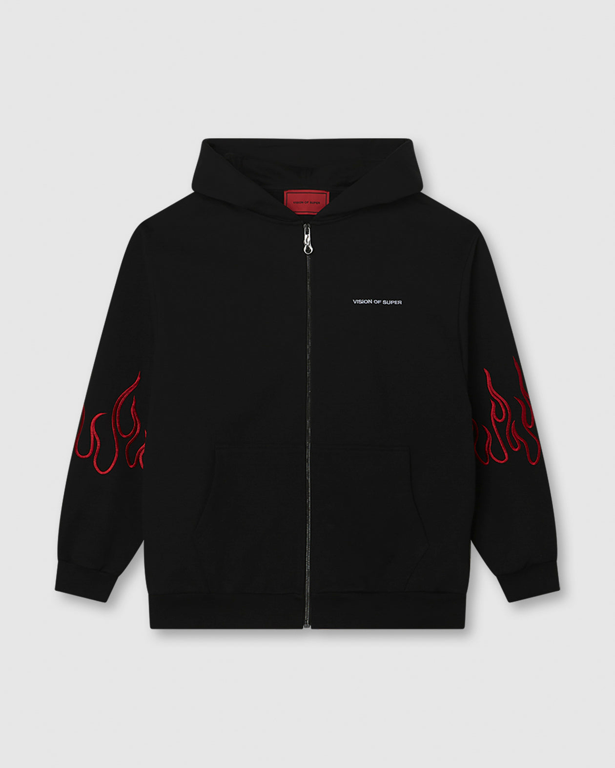 FELPA NERA ZIP LOGO E FIAMME ROSSE RICAMATE