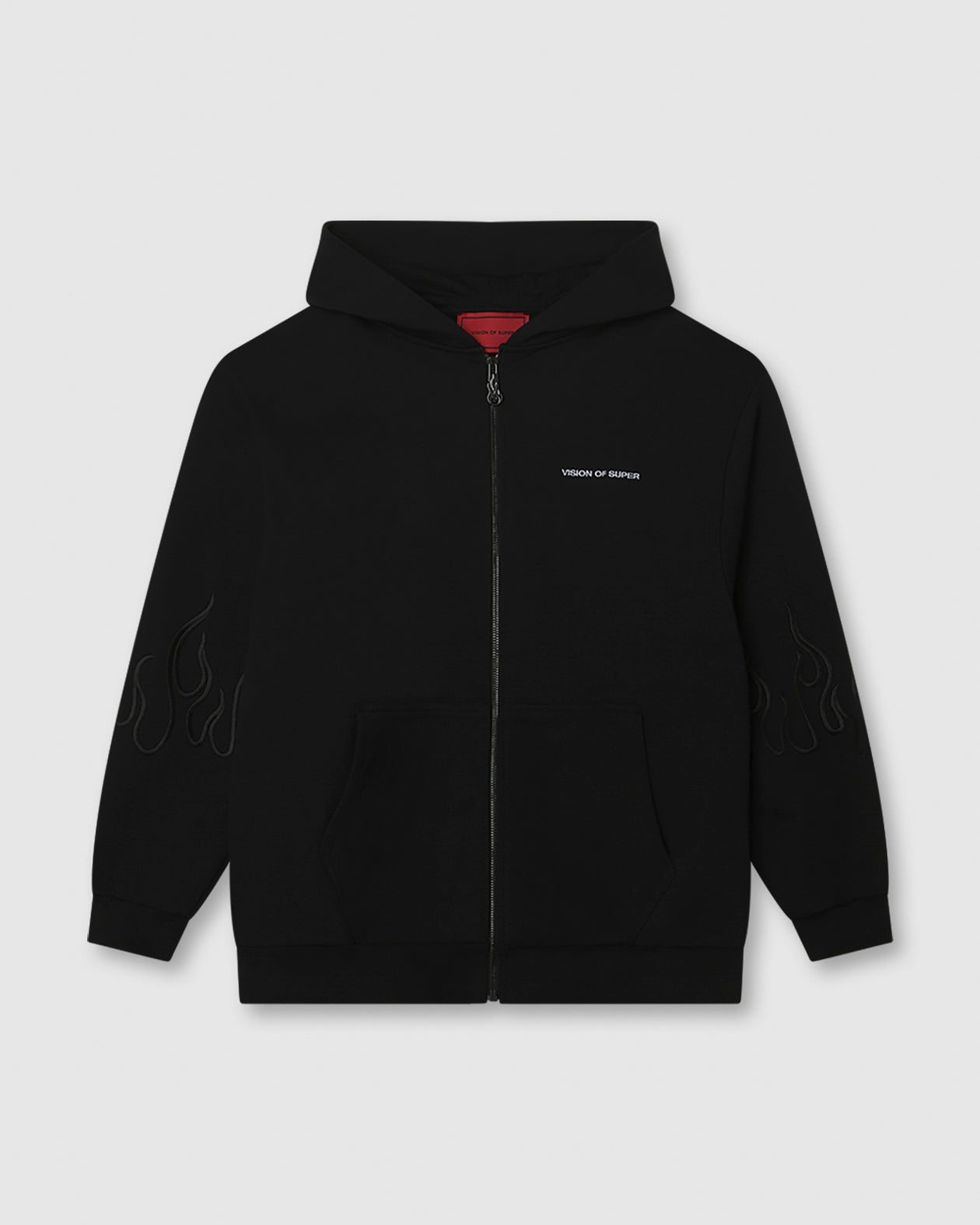 BLACK HOODIE ZIP WITH EMBROIDERED WHITE LOGO, BLACK FLAMES AND METAL LABEL + BUTTON