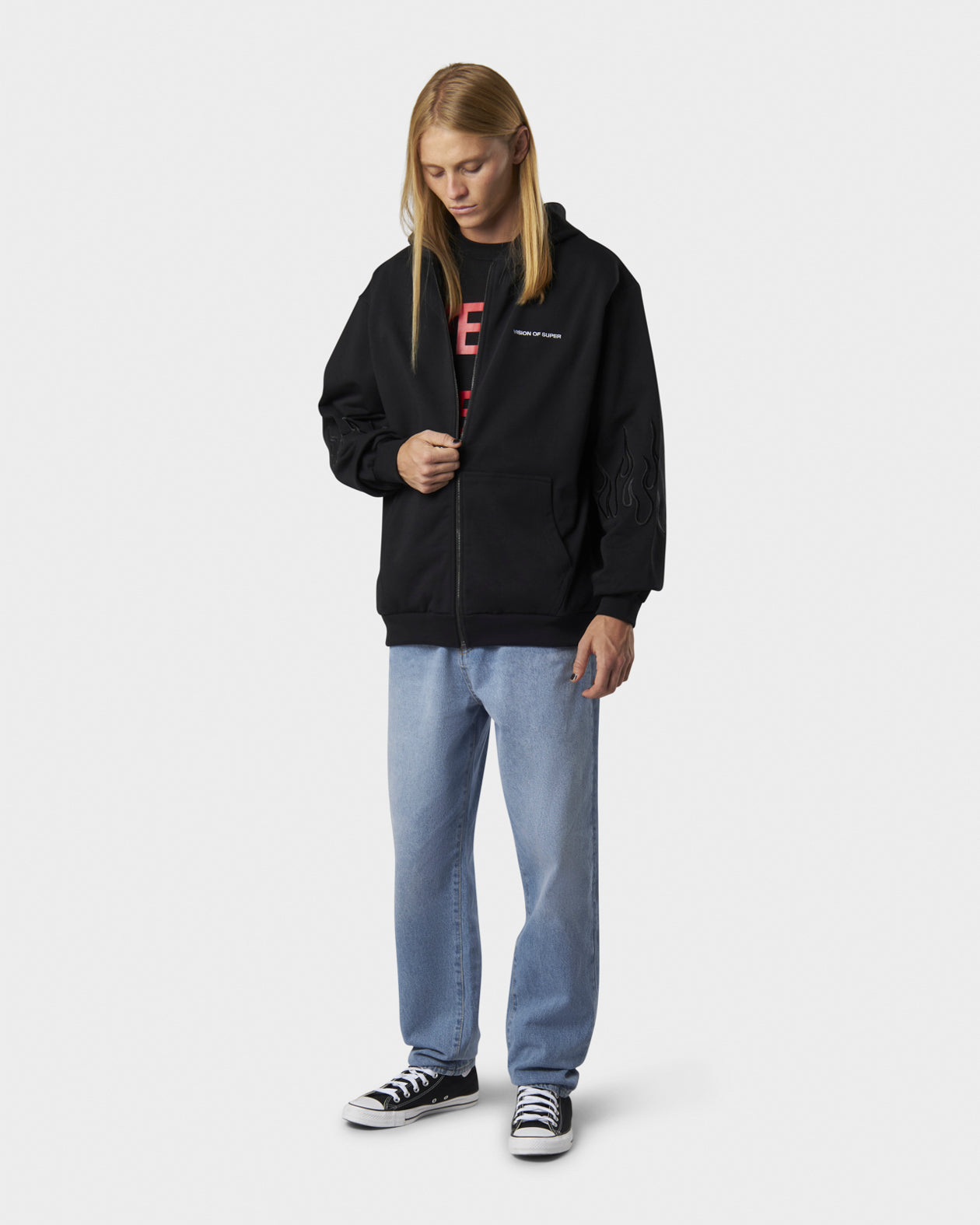 BLACK HOODIE ZIP WITH EMBROIDERED WHITE LOGO, BLACK FLAMES AND METAL LABEL + BUTTON