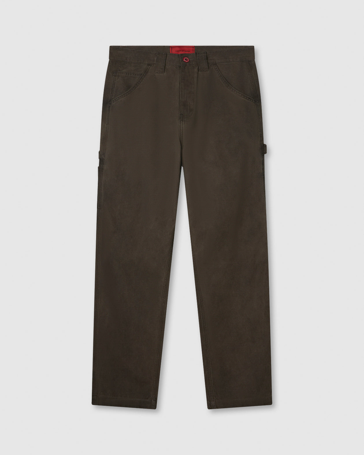 DENIM MARRONE CON FIAMME RICAMATE SULLA TASCA E ETICHETTA ROSSA