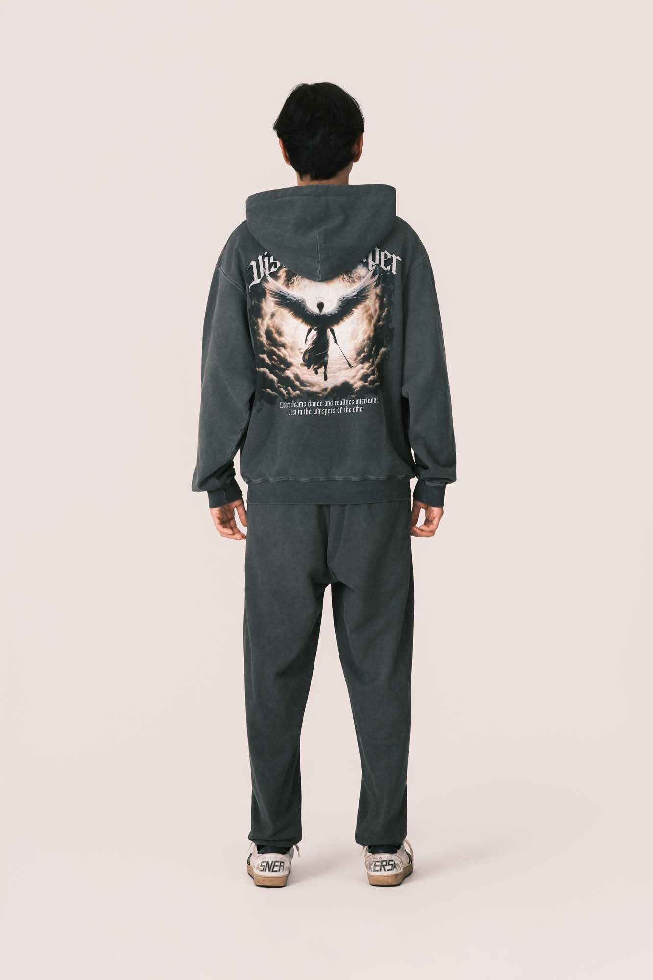 STONE WASH BLACK HOODIE WITH ANGEL PRINT