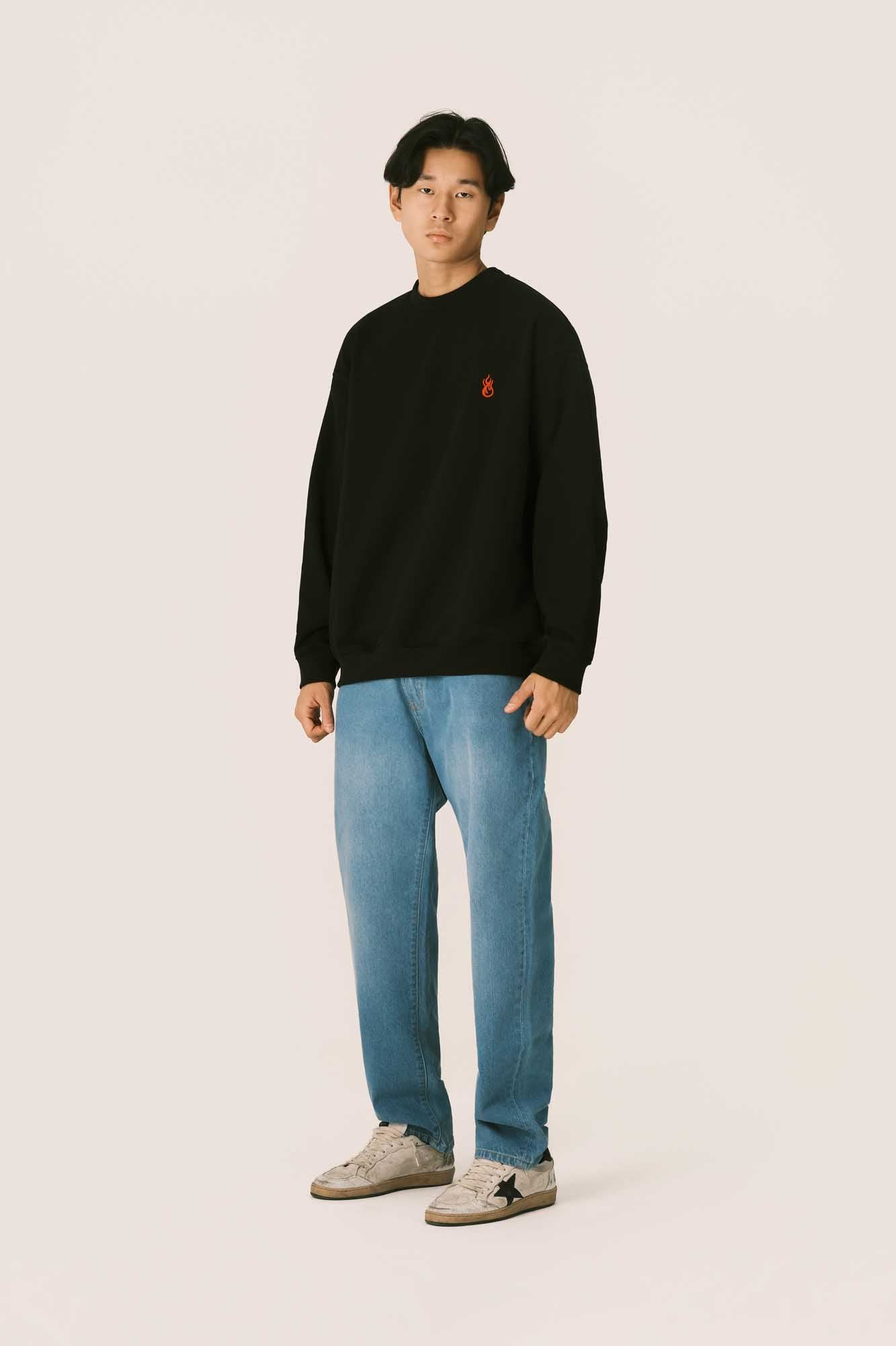 BLACK CREWNECK WITH EMBROIDERED FLAME