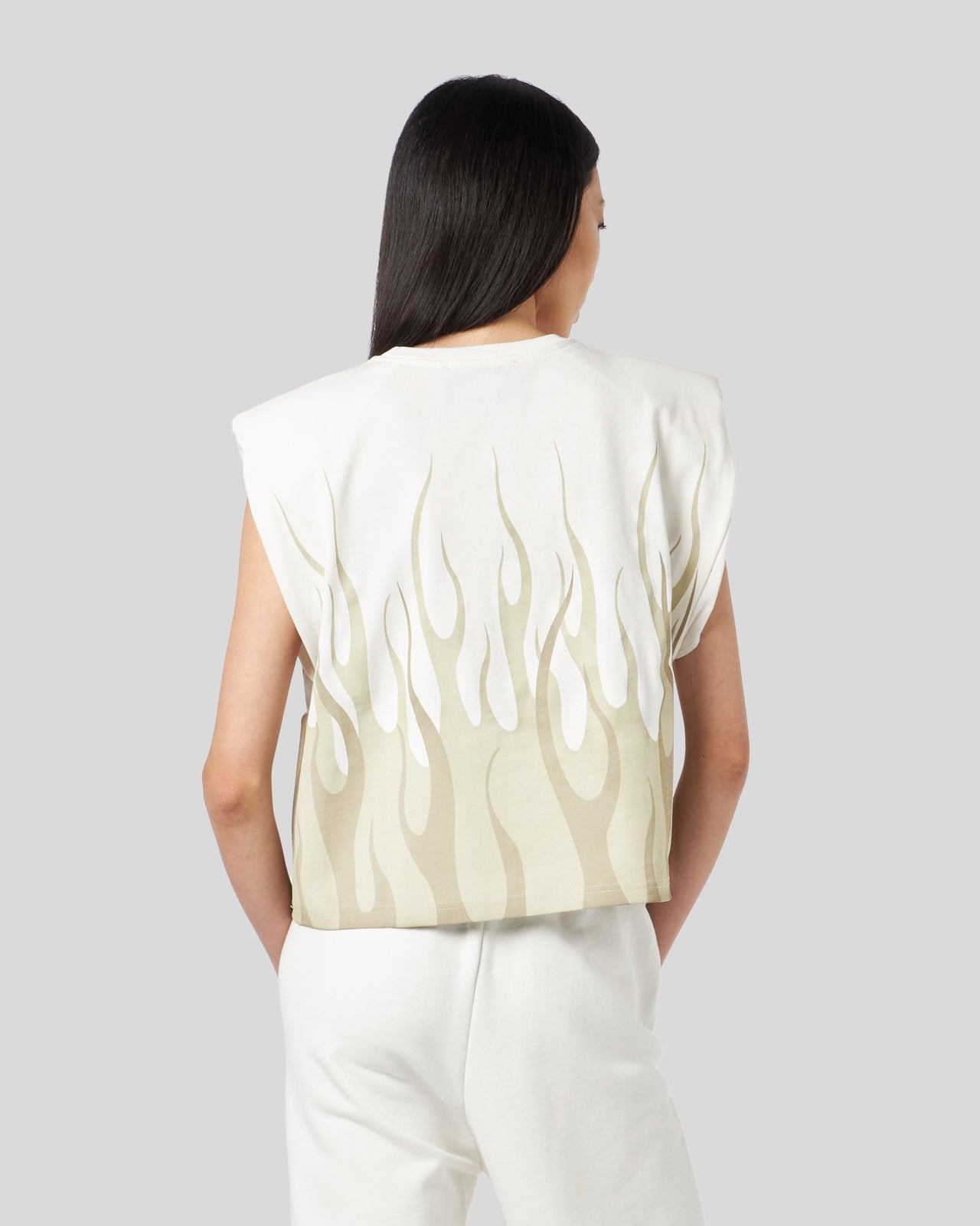 CROP TOP BIANCO CON DOPPIA FIAMMA BEIGE