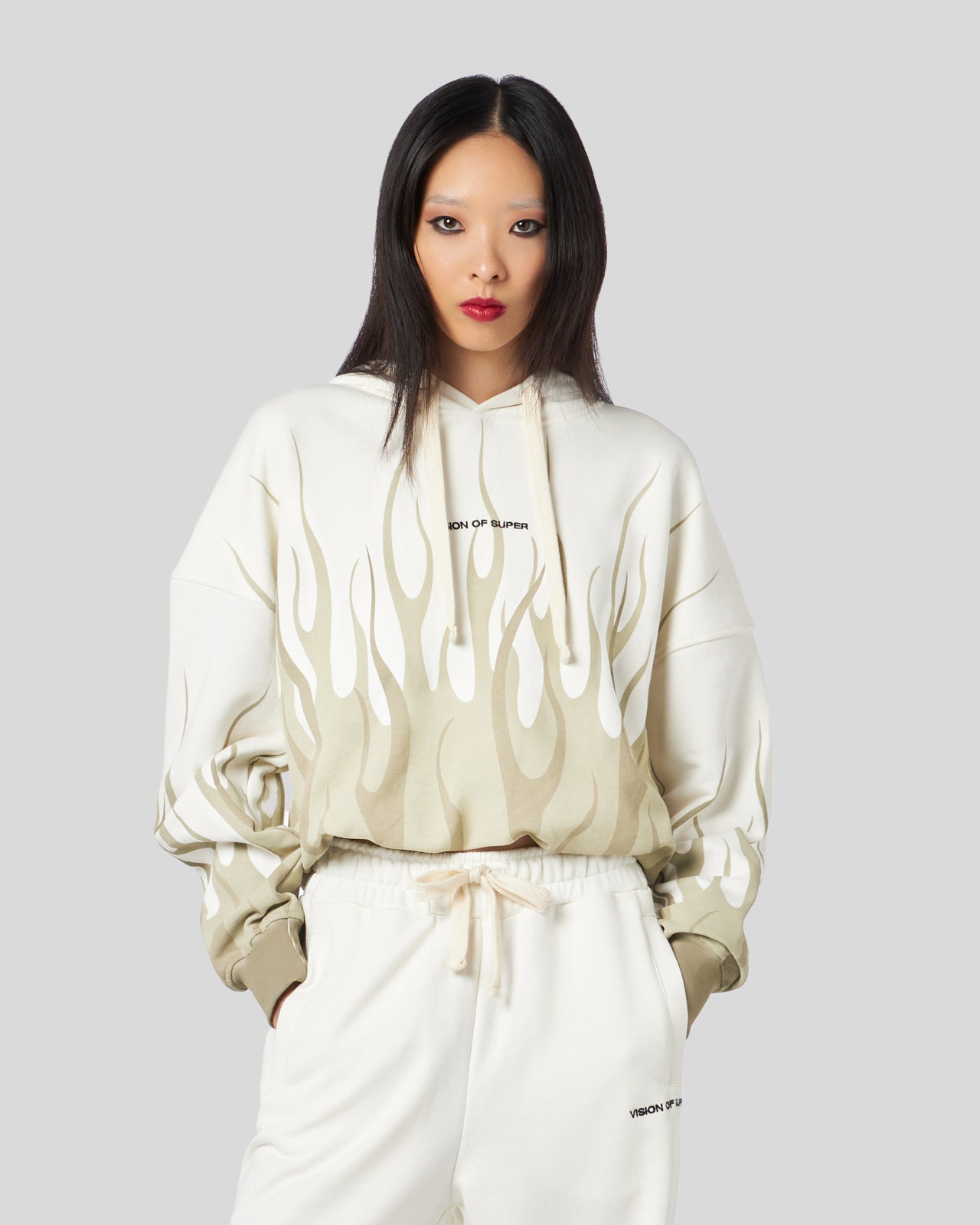 WHITE CROP HOODIE WITH DOUBLE SAND FLAMES PRINT