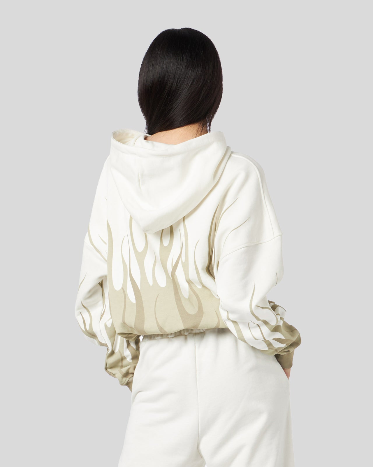 WHITE CROP HOODIE WITH DOUBLE SAND FLAMES PRINT