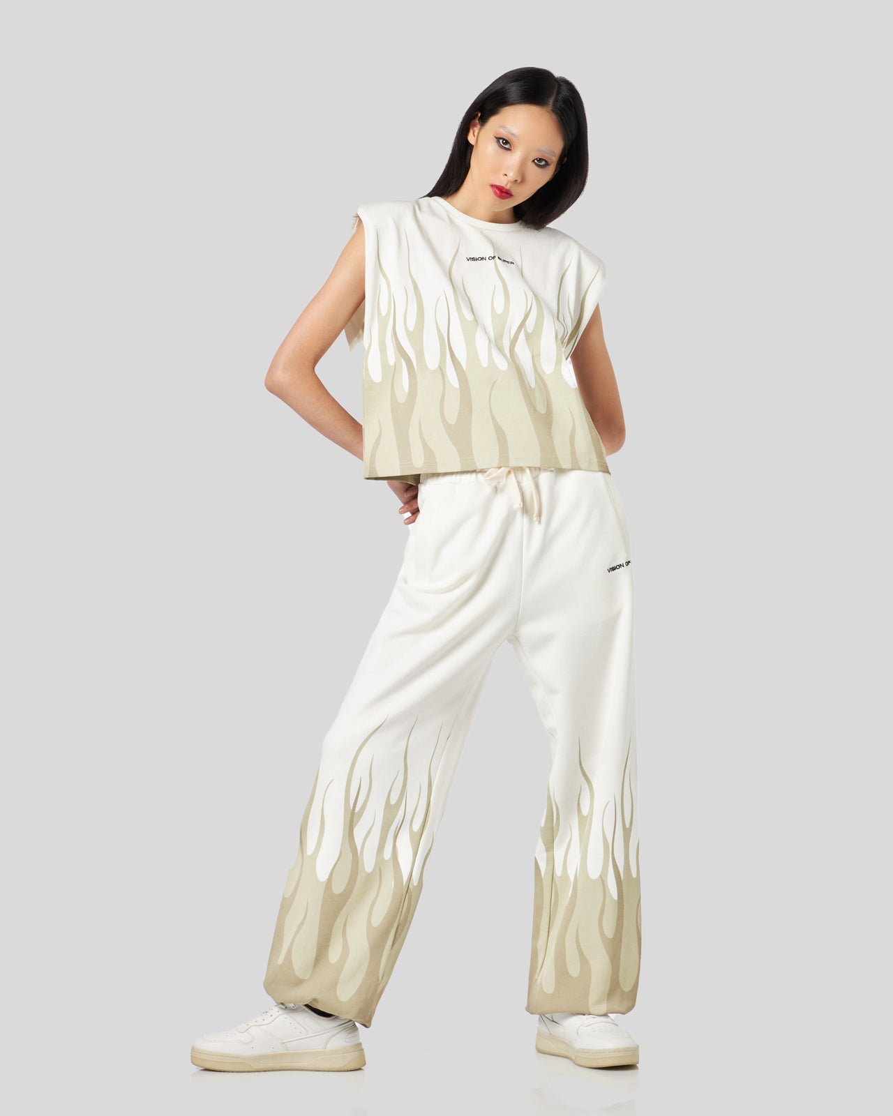 PANTALONE BIANCO CON DOPPIA FIAMMA BEIGE