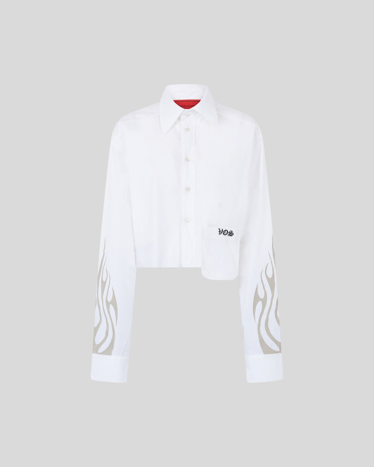 WHITE CROP SHIRT WITH PRINTED TRIBAL FLAMES