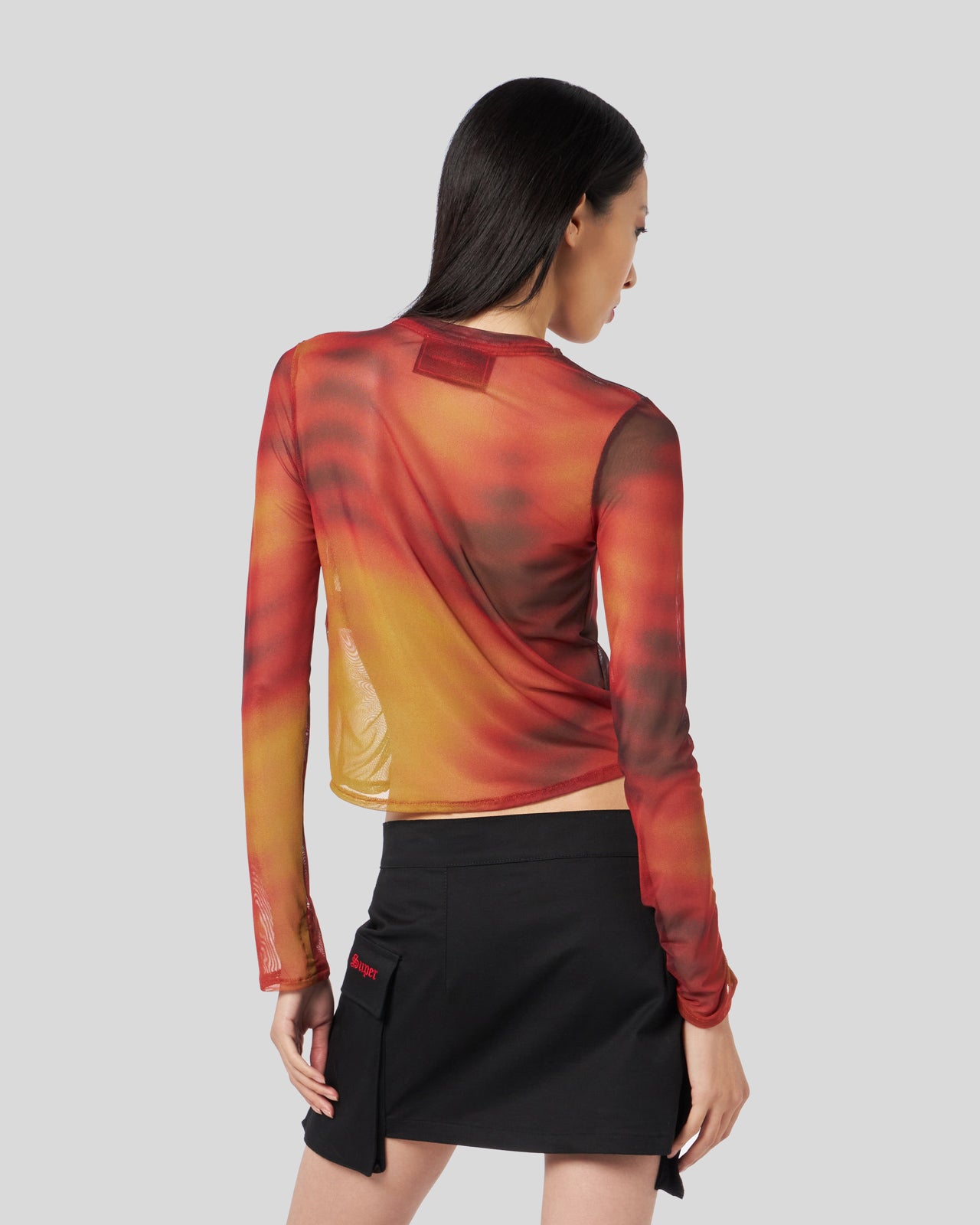 LONGSLEEVE TOP WITH COULISSE AND ABSTRACT FIRE PRINT