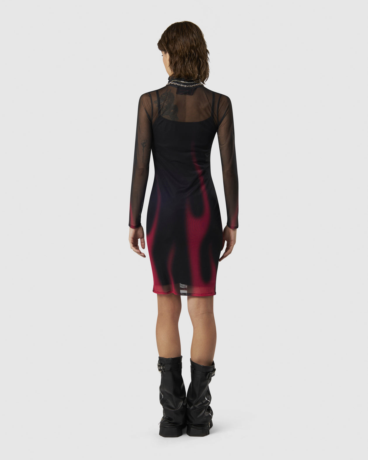 ABITO MIDI NERO CON FIAMME ROSA