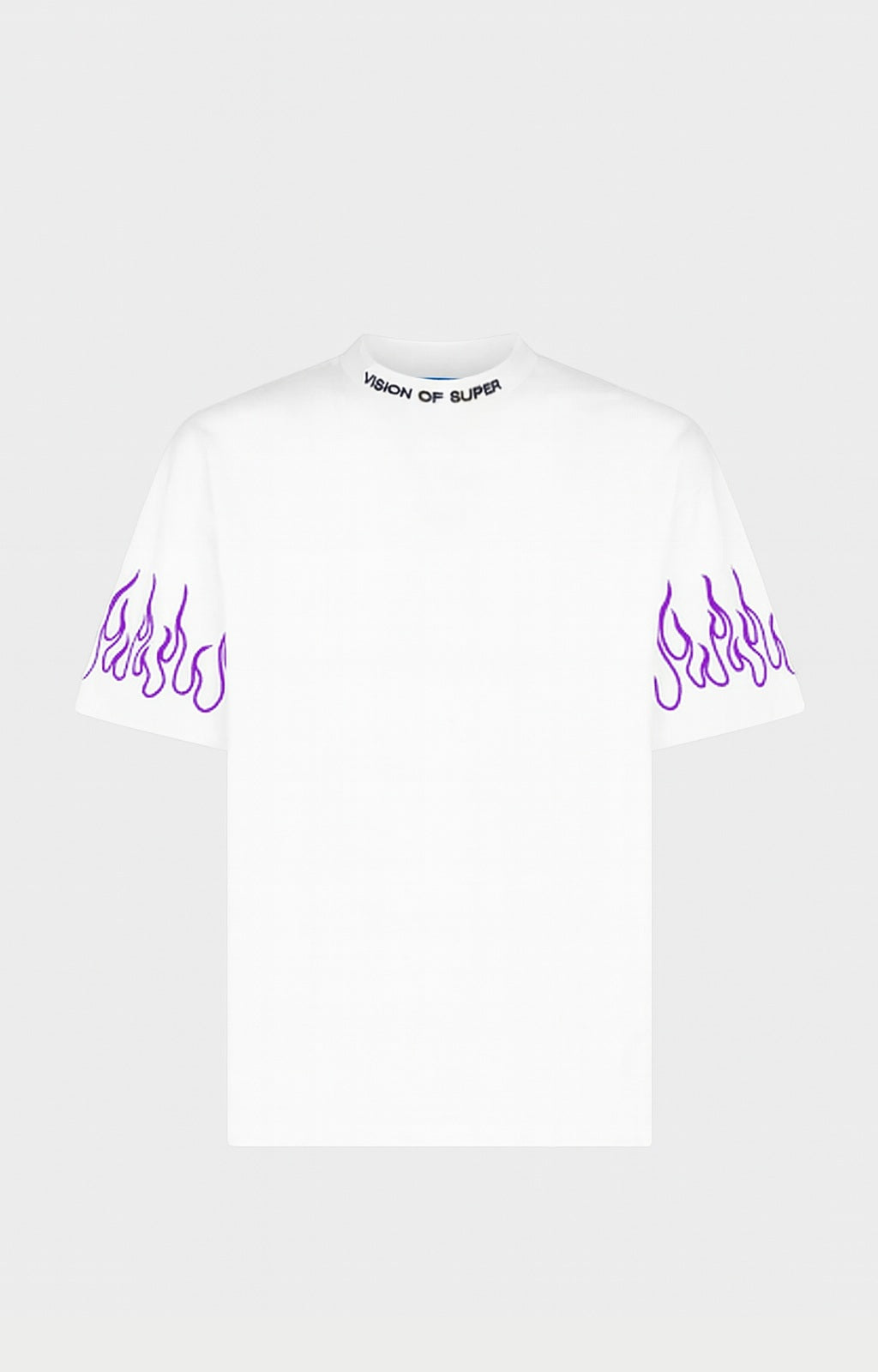 T-SHIRT BIANCO SPORCO CON FIAMME VIOLA RICAMATE E LOGO NERO