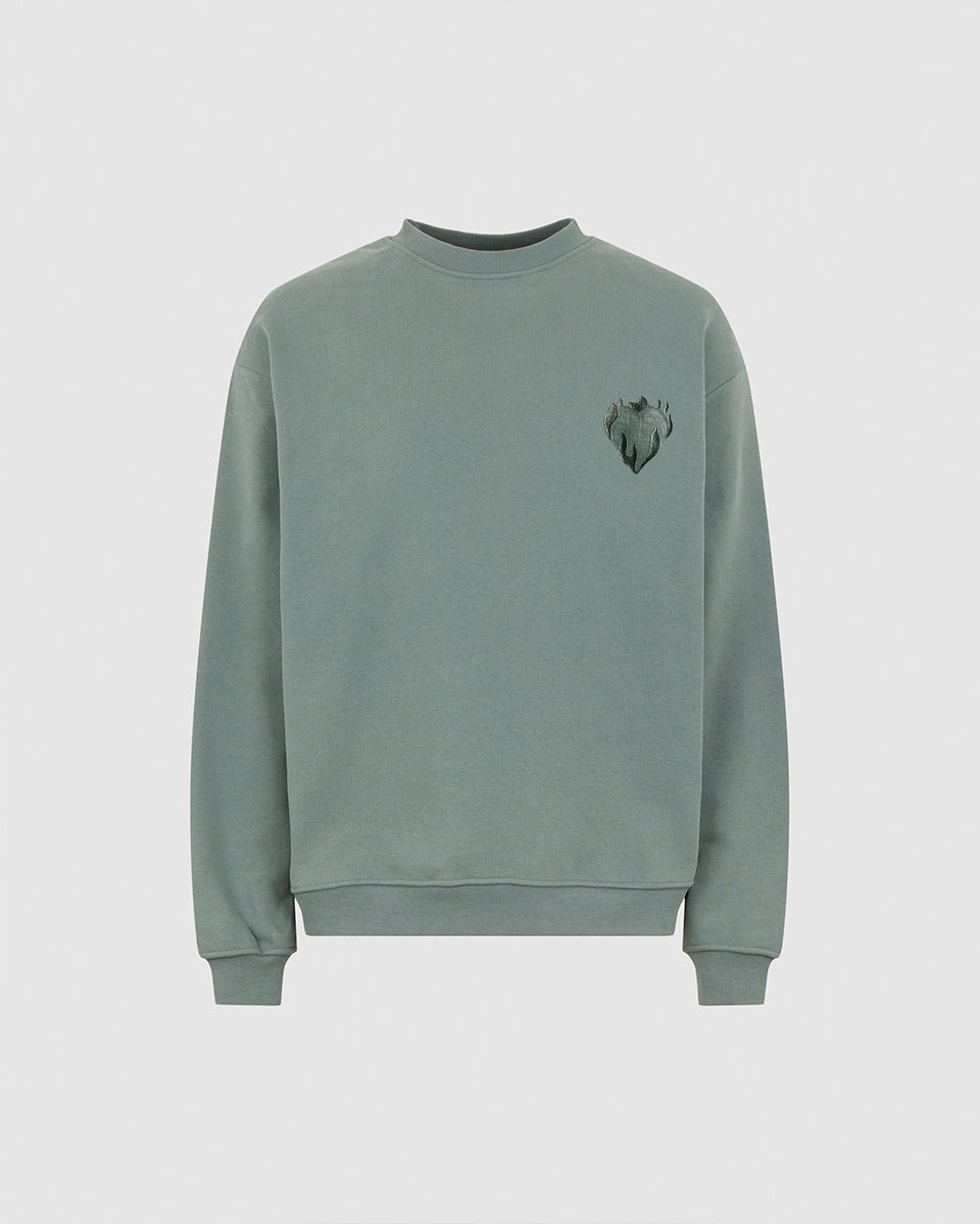 BALSAM GREEN CREWNECK WITH EMBROIDERED FLAMING HEART